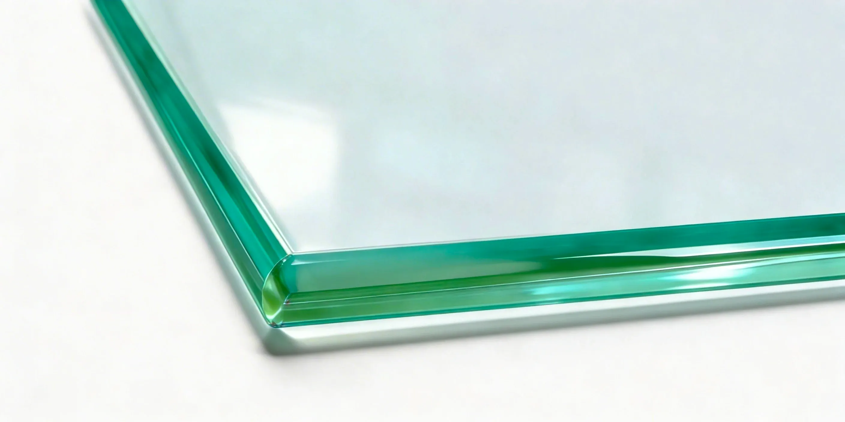 Close-up of a pencil polished glass edge — soft rounded bullnose profile for a smooth, safe finish