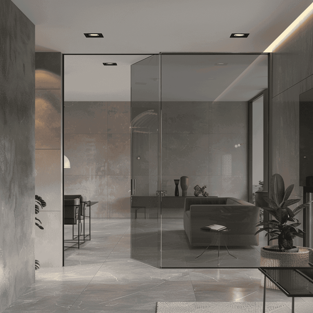 Custom glass shower doors in a modern interior with sleek design, showcasing tempered glass and a stylish beveled edge.