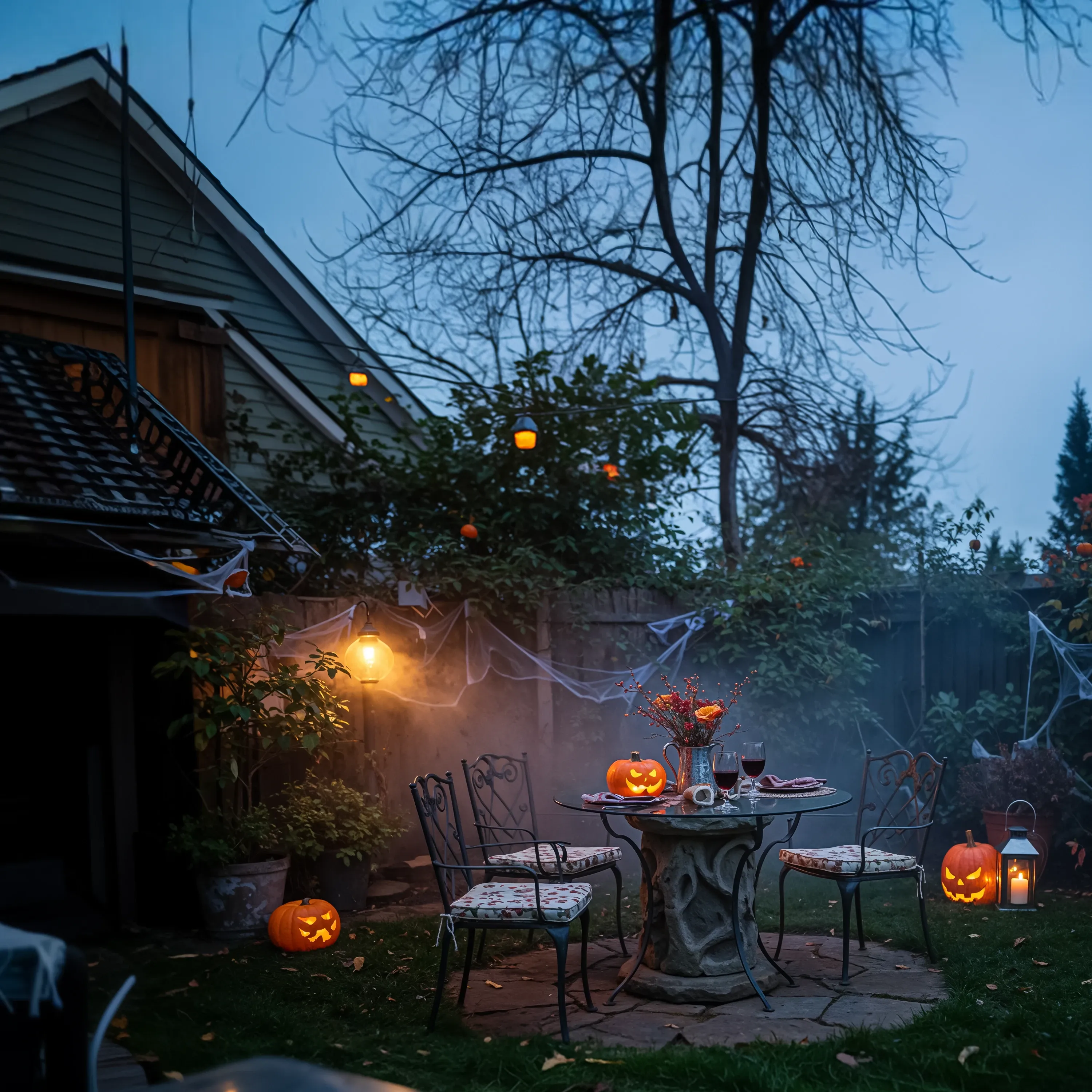 A spooky Halloween-themed backyard patio at dusk, decorated with carved jack-o'-lanterns, spiderwebs, and glowing lanterns.