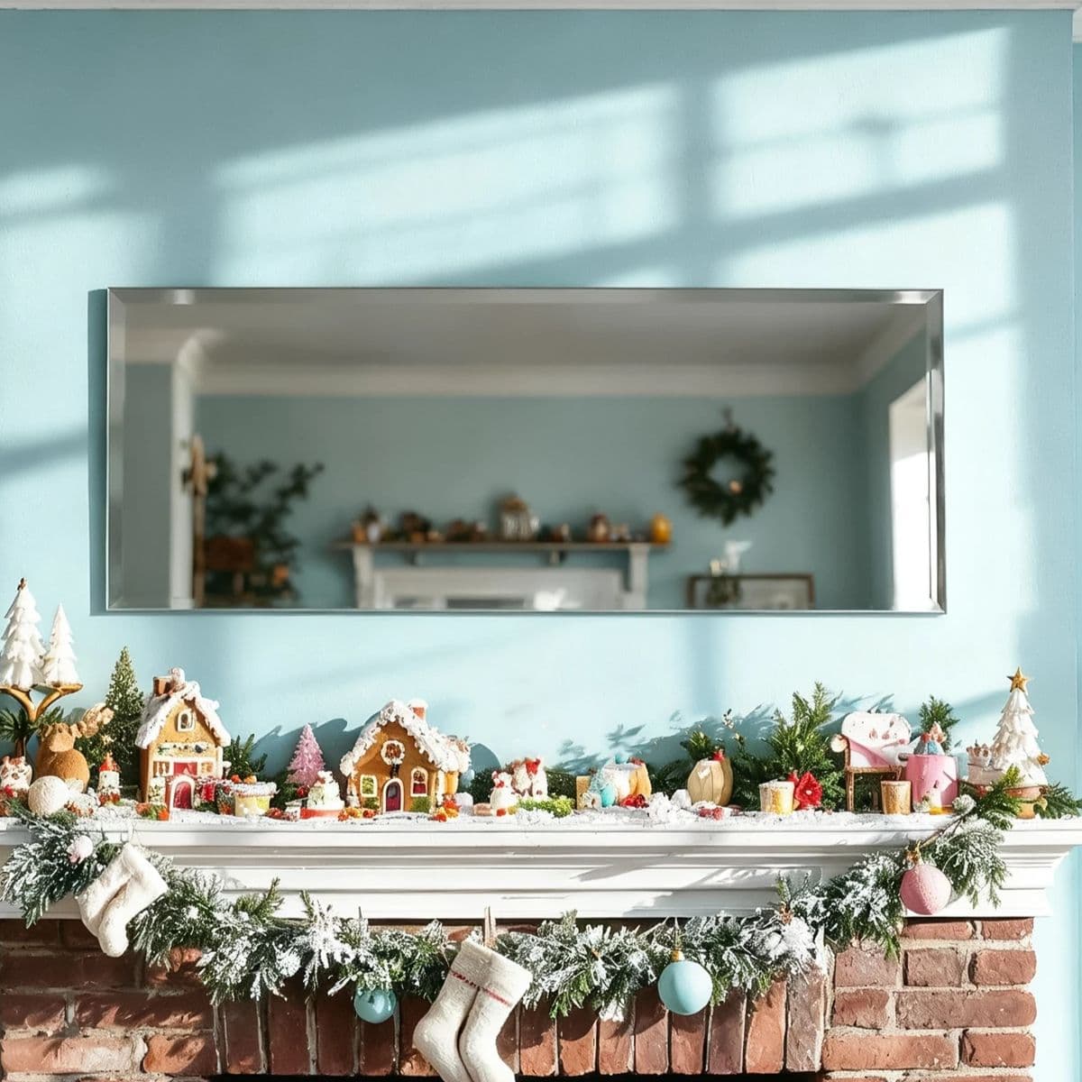 A blue themed room with a glass mirror on the wall