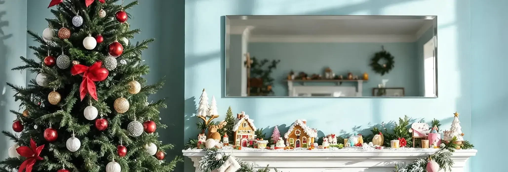 A blue themed room with a glass mirror on the wall
