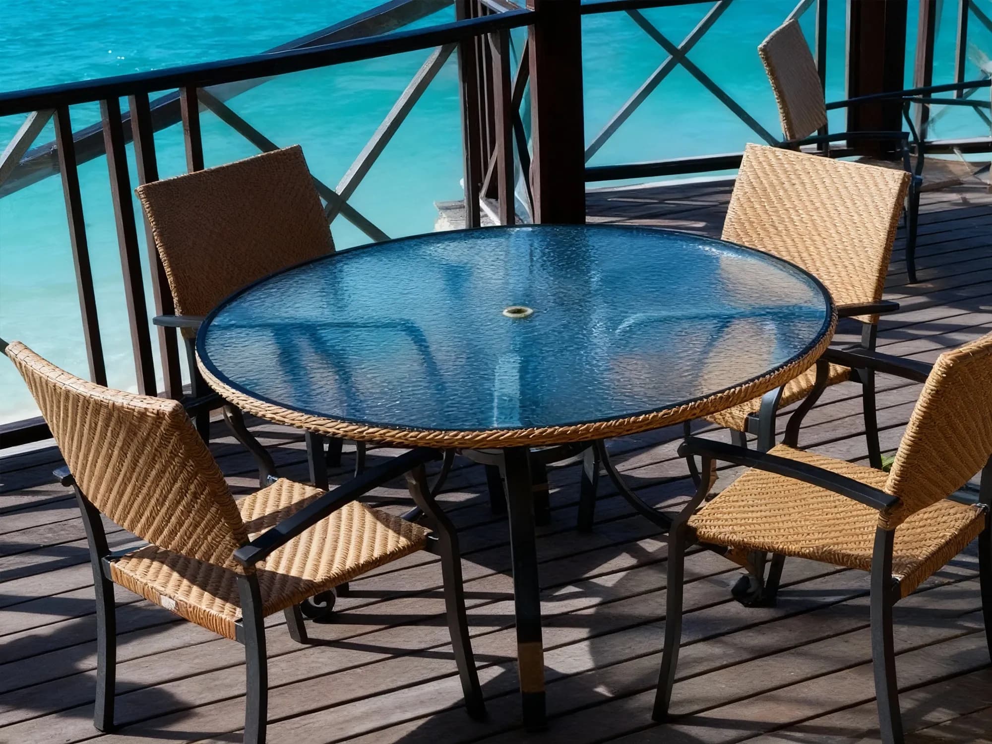 A round outdoor patio table with a dark, textured glass top inserted into a metal frame, set on a wooden deck overlooking turquoise water.