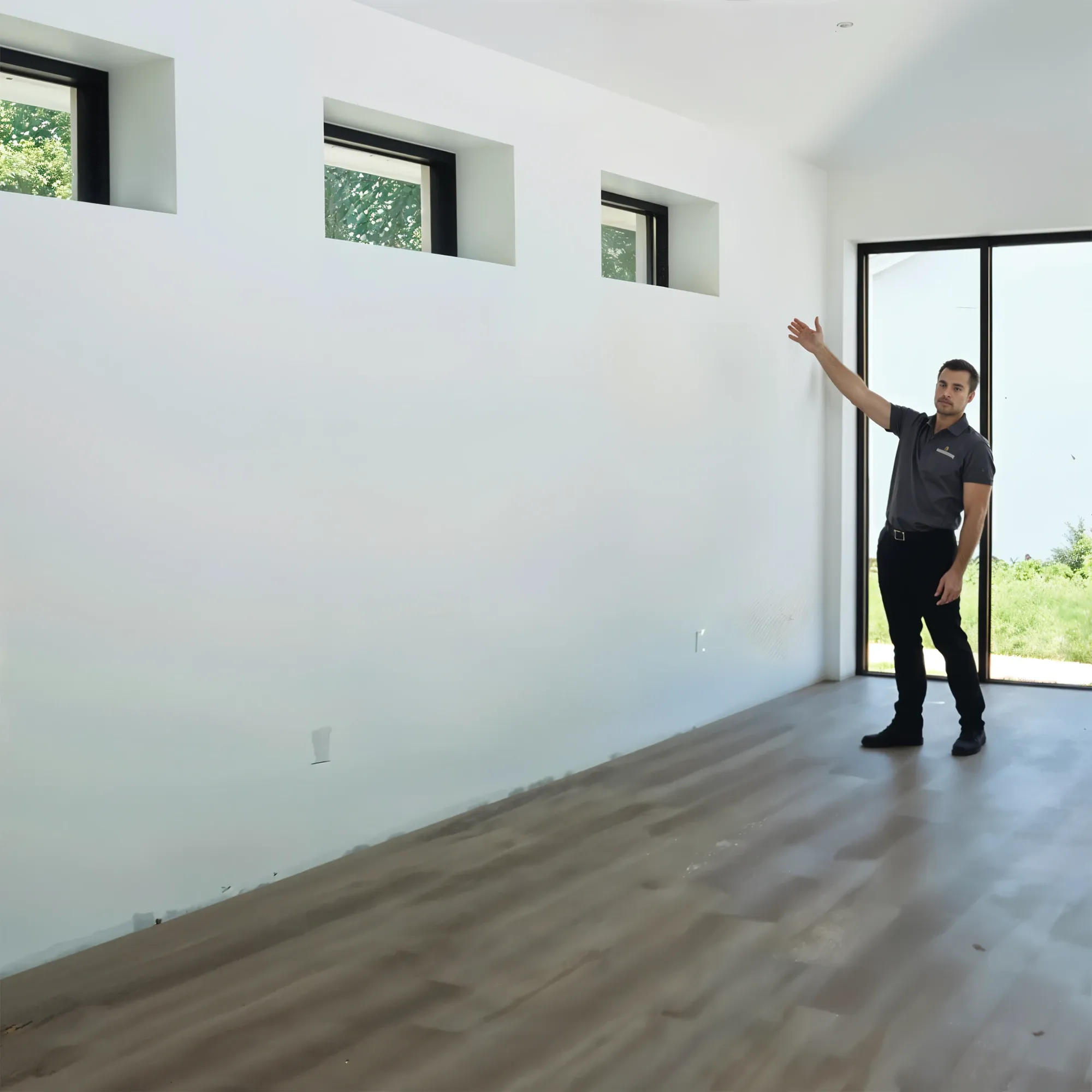 An installer in a branded polo shirt stands in an empty room, gesturing towards a large blank white wall to show the ideal placement for a home gym mirror.
