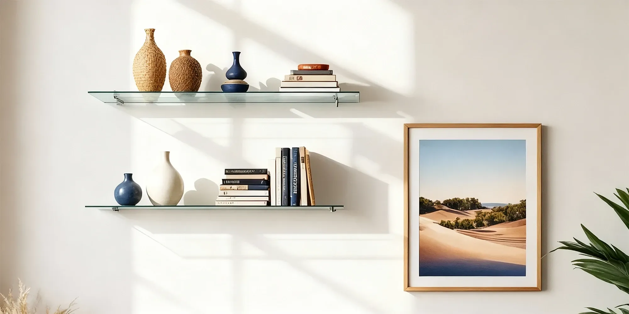 Two floating glass shelves mounted on a sunlit wall, stylishly organizing books and decorative vases next to framed art.