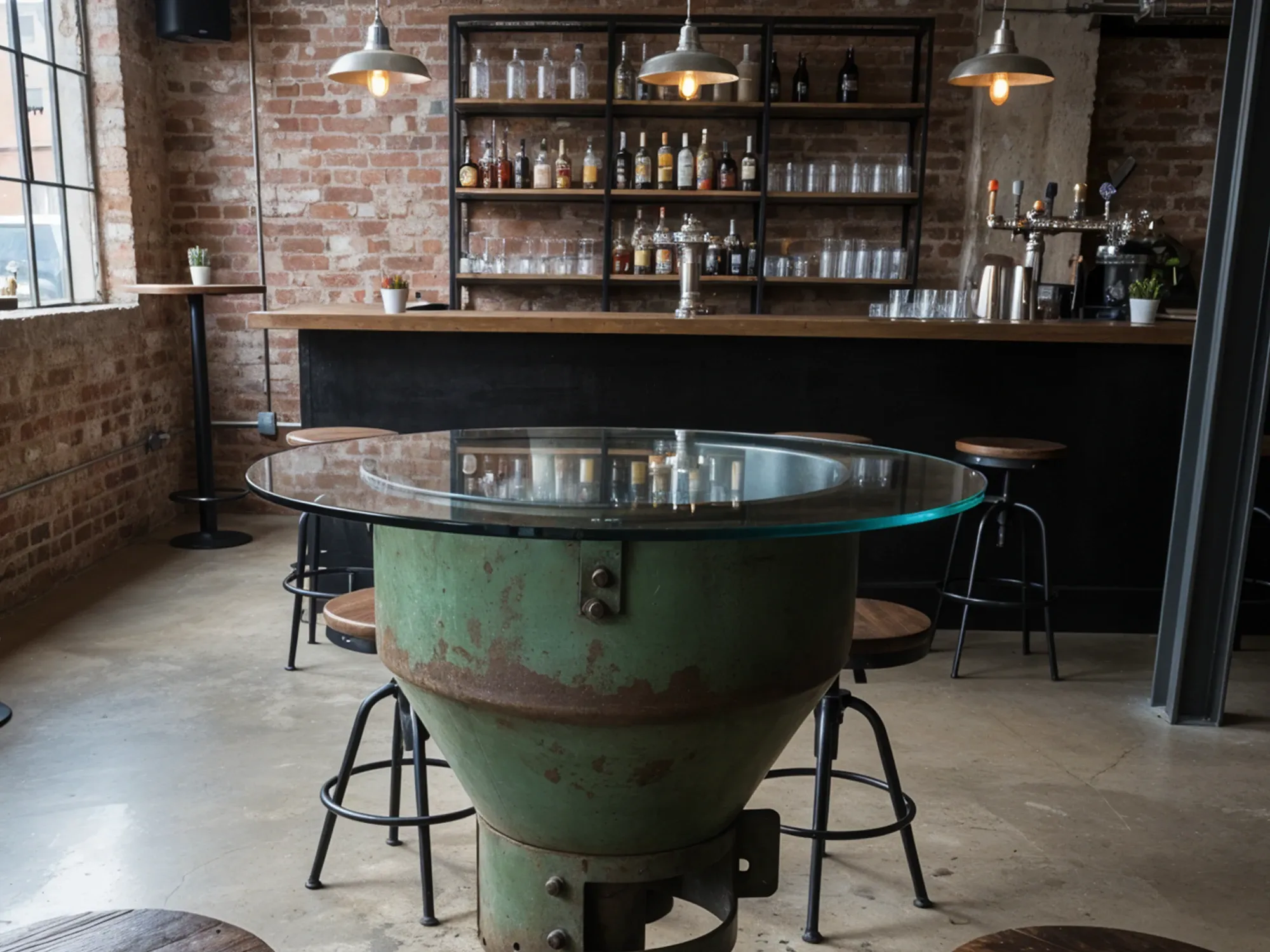 A round, thick glass-top table with a rustic green industrial metal base, set with stools in a bar with an exposed brick wall.