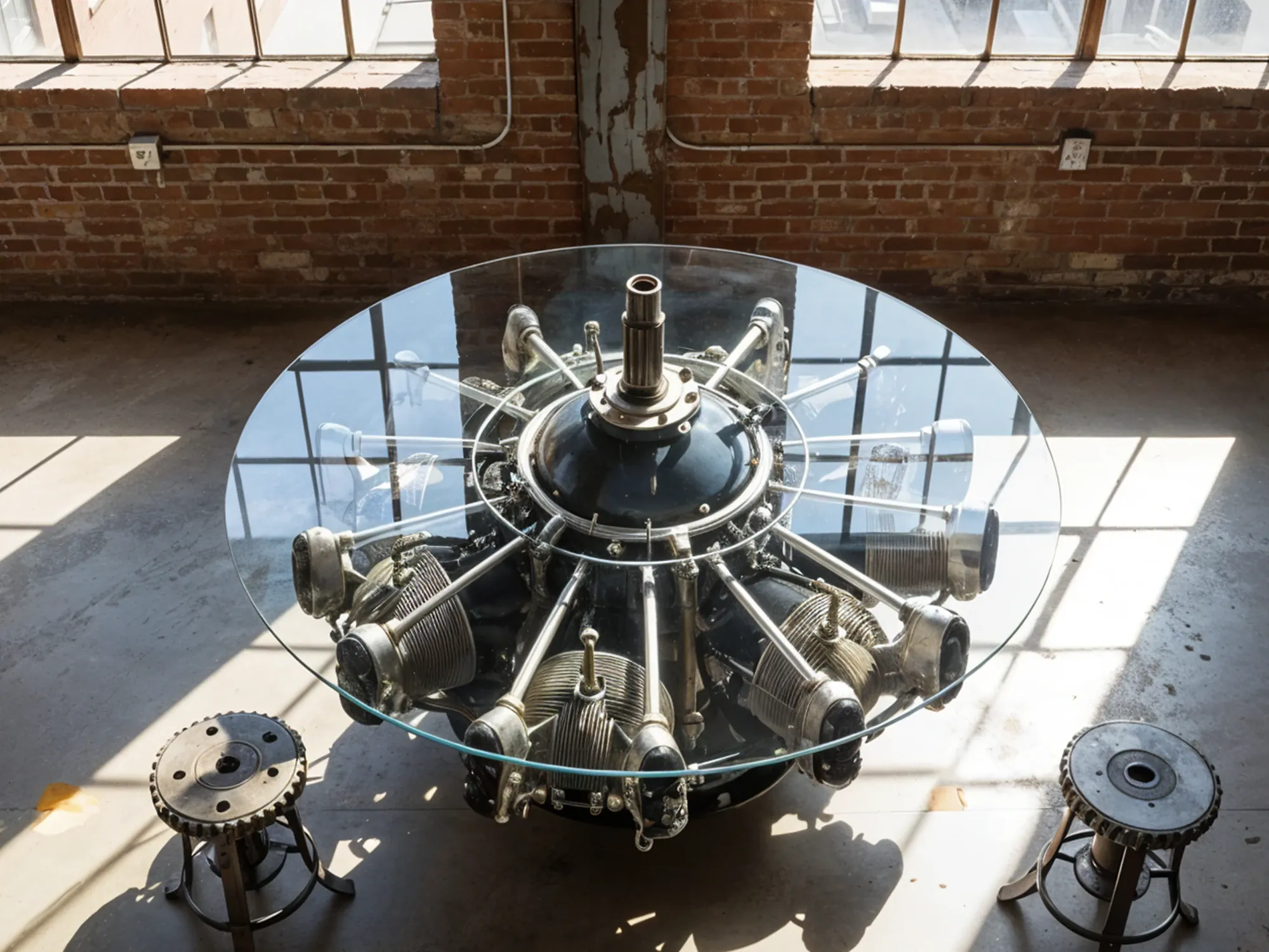 A unique, custom table with a large round glass top resting on a repurposed radial aircraft engine base in an industrial loft.