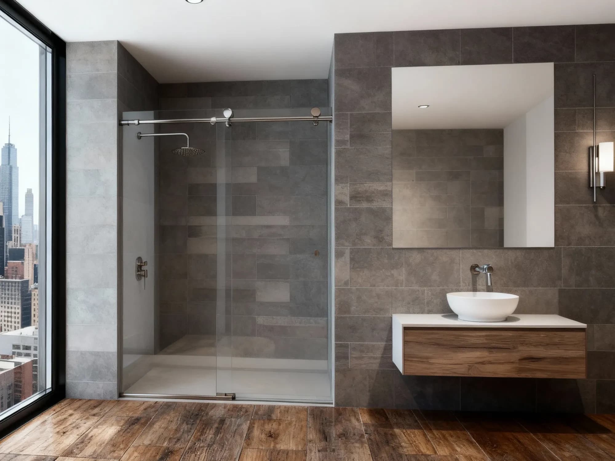 A high-rise bathroom with a city view, featuring a walk-in shower with a sliding glass door on a stainless steel track, and a floating wood vanity with a vessel sink.