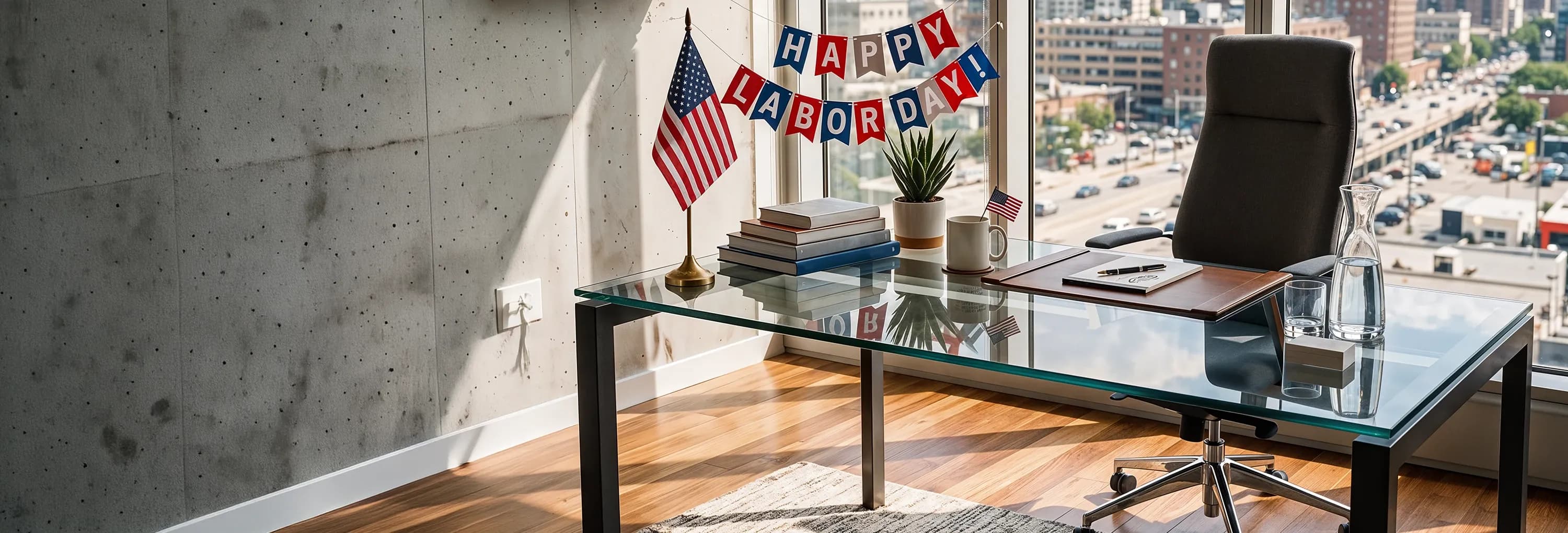 Modern office with a glass desk and city view, decorated with a Happy Labor Day banner and American flags.