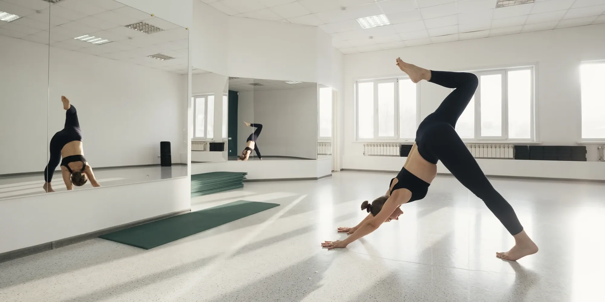 A woman practices a one-legged downward dog pose in a bright, white yoga studio, her form reflected in the large wall-to-wall mirror.