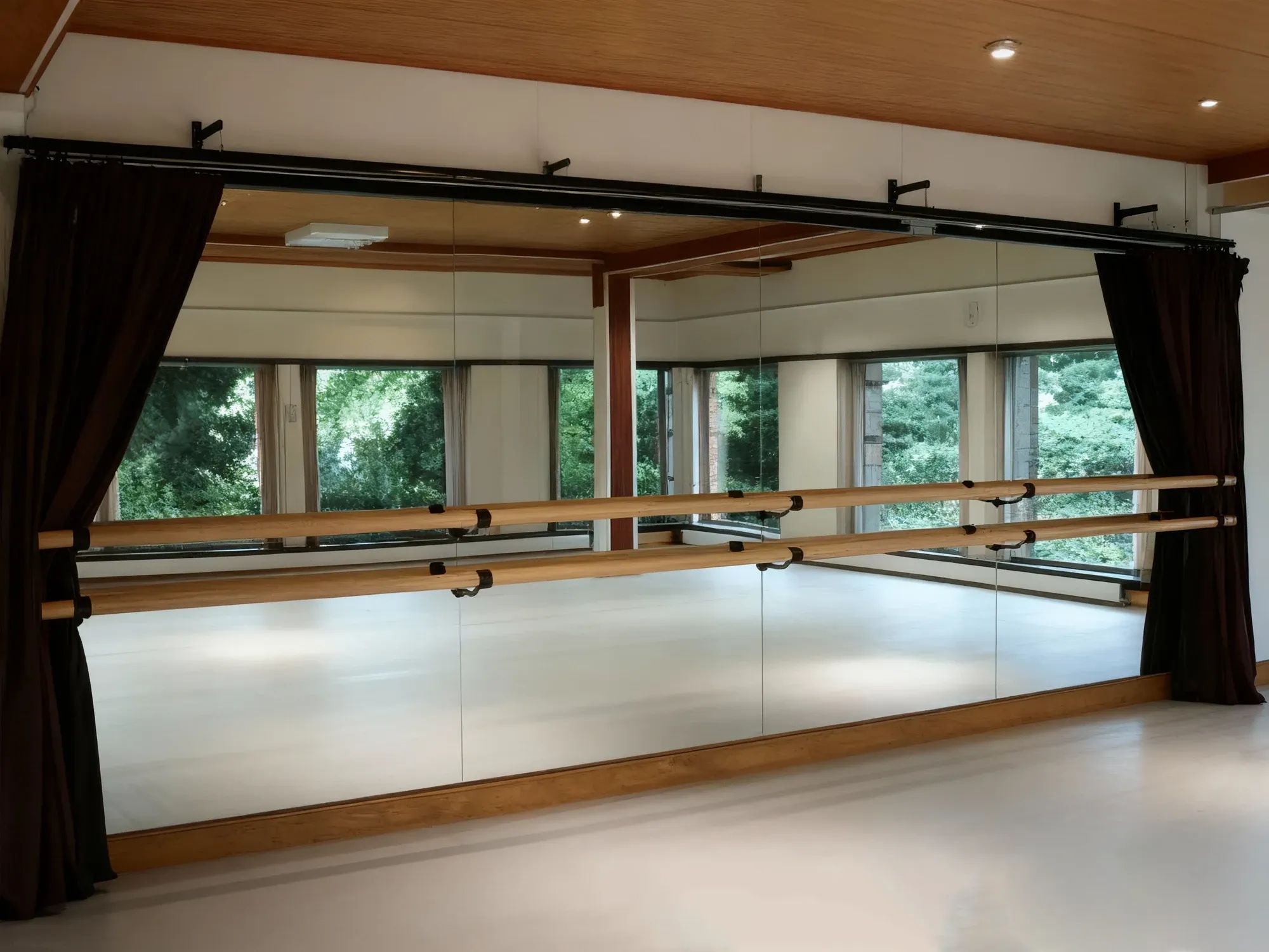 An empty dance studio with a wooden ballet barre and a large wall mirror that reflects the room and the windows looking out to green trees.
