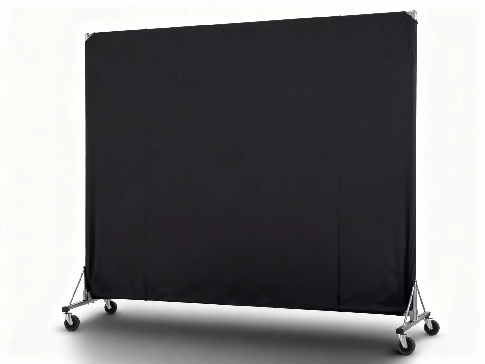 A large, portable black room divider on a metal frame with rolling casters, used for privacy in a gym or studio.