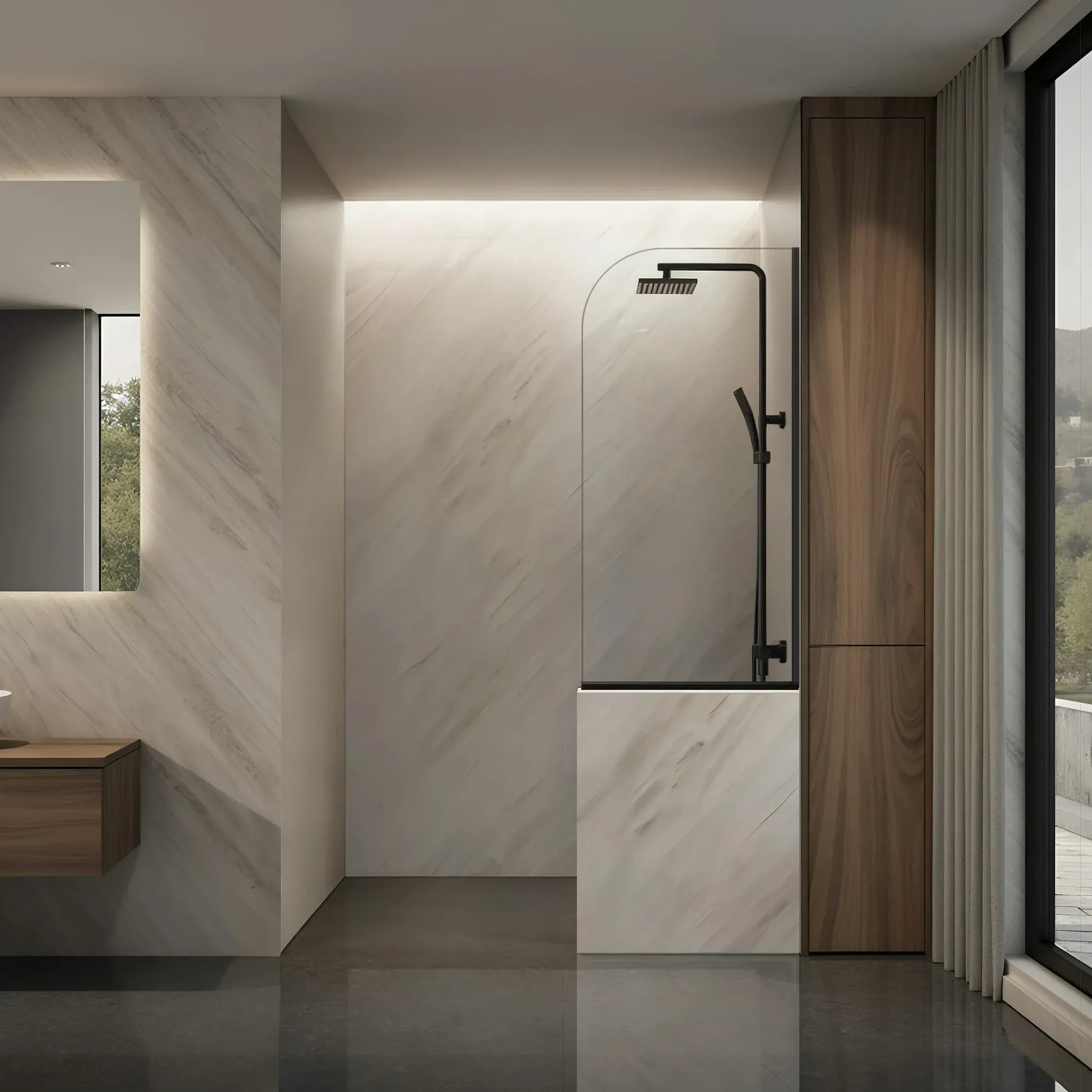 Left Open Single Shower Round Screen with Right Knee Wall