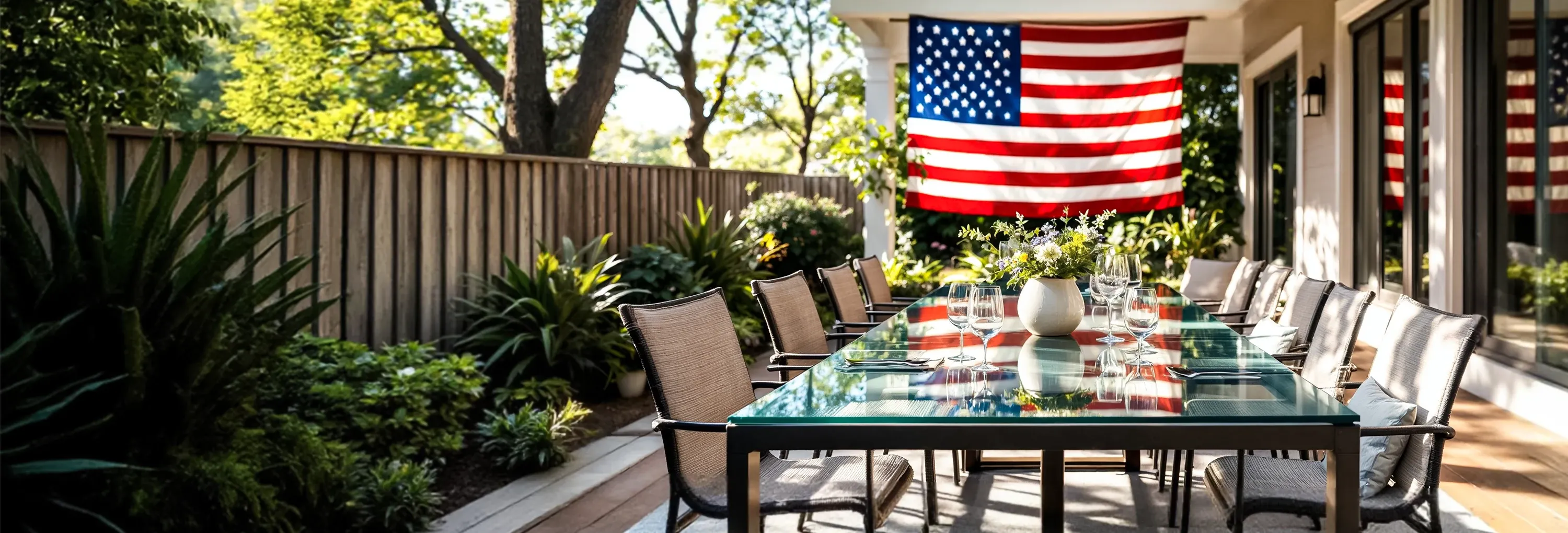 A photo of an outdoor dining area on a patio, featuring a long glass-topped table set for a meal with wine glasses and a floral centerpiece. The area is decorated with a large American flag hung across the background.