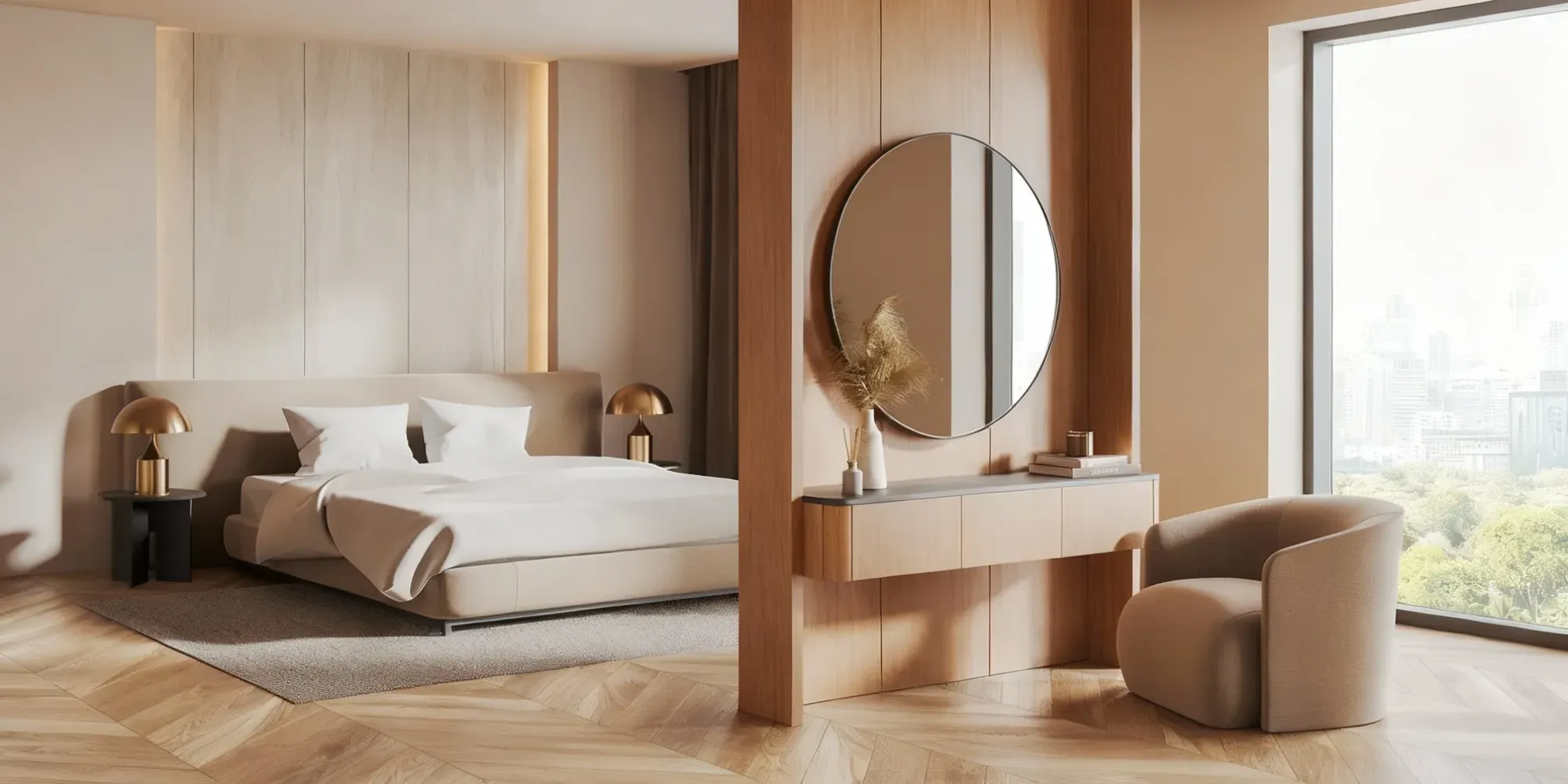A luxurious modern bedroom with a wood partition wall featuring a built-in vanity and a large round mirror, creating a stylish and functional space.