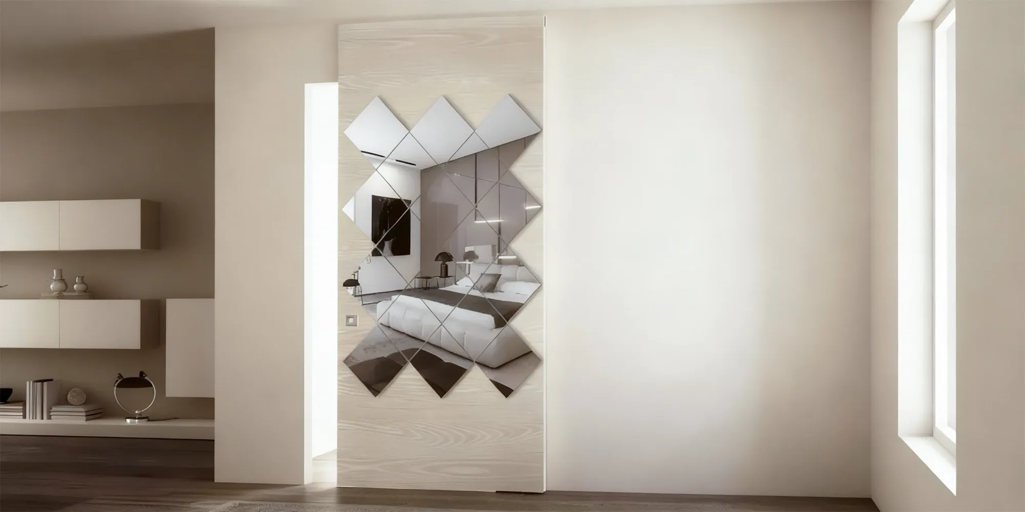 A dark wood sliding barn door with a full-length mirror panel, separating a living area from a modern home office.