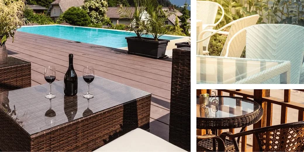 Outdoor setting featuring custom glass table tops on wicker furniture, ideal for patio spaces, showcasing tempered glass and beveled glass edge design elements.