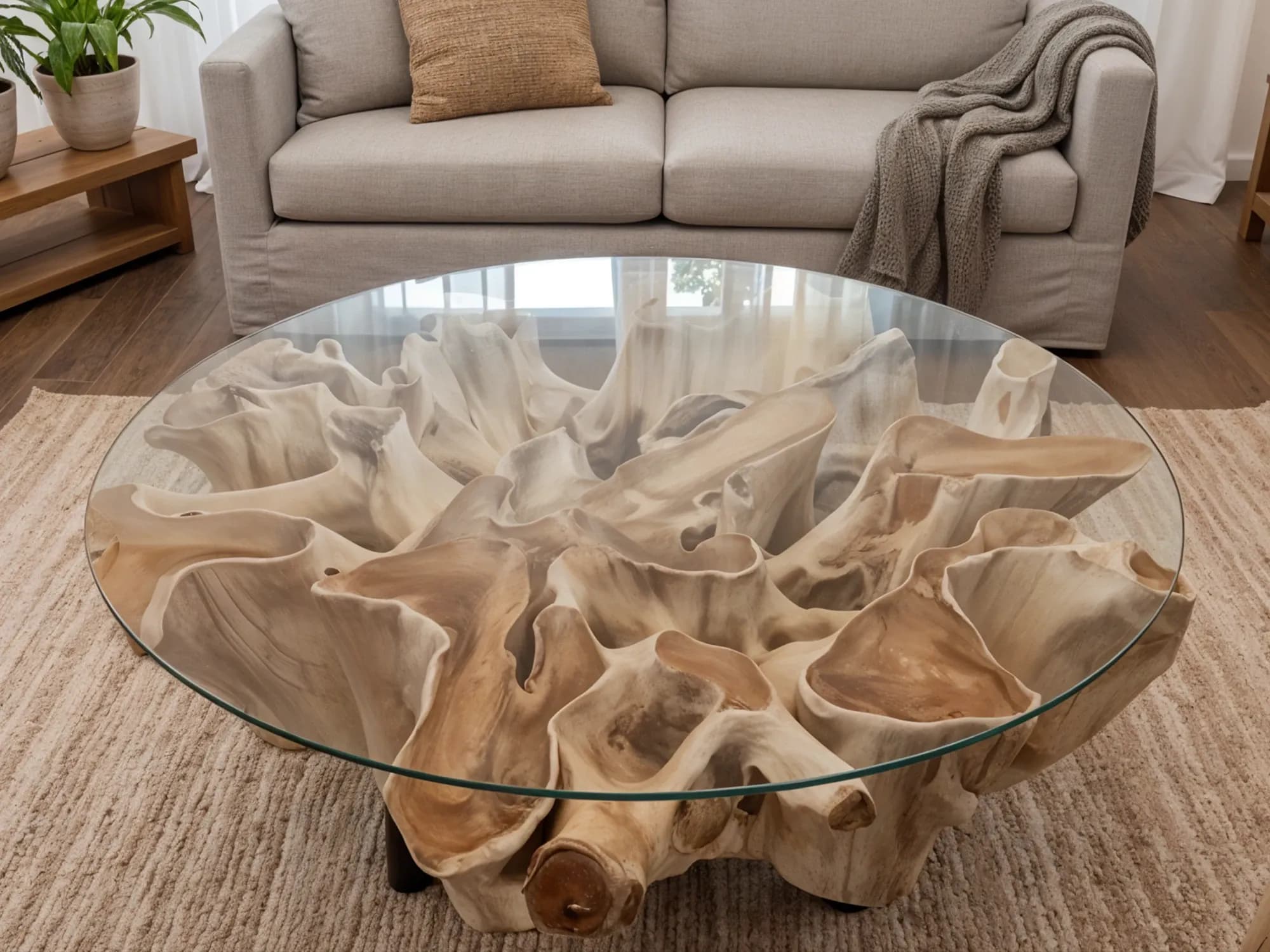 A unique round glass-top coffee table sitting on an intricate, sculptural base made from a natural light-colored tree root.