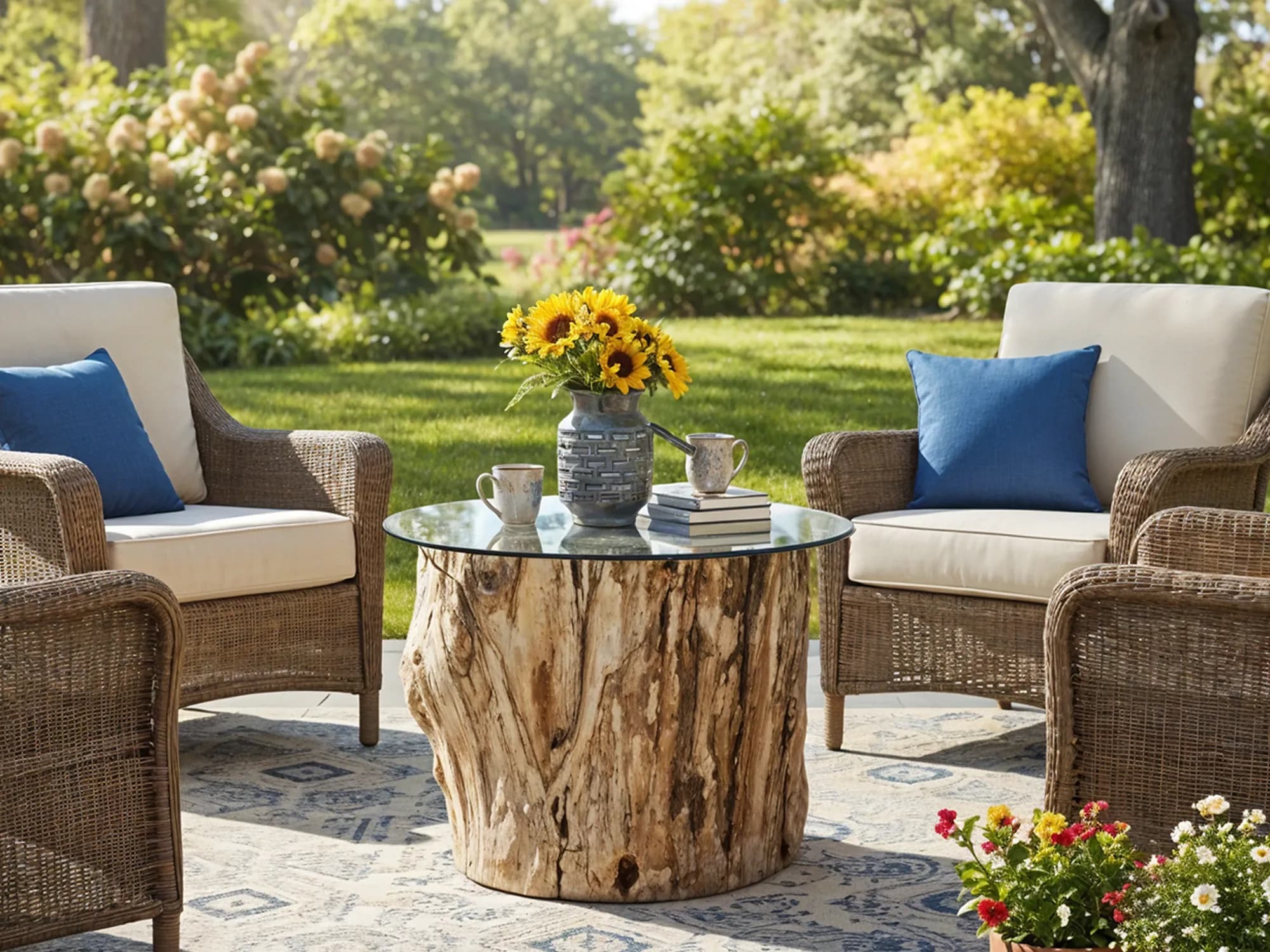 An outdoor patio set with wicker chairs and a rustic coffee table made from a large tree stump, protected by a round glass top.