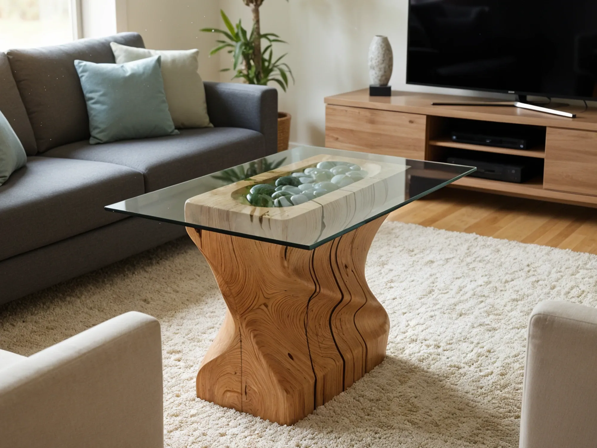A rustic-modern coffee table with a rectangular glass top and a sculpted, solid wood pedestal base that has a trough filled with smooth stones.
