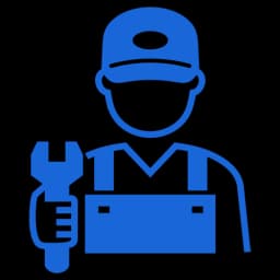 Blue icon of a person wearing a hard hat, representing professional installation.