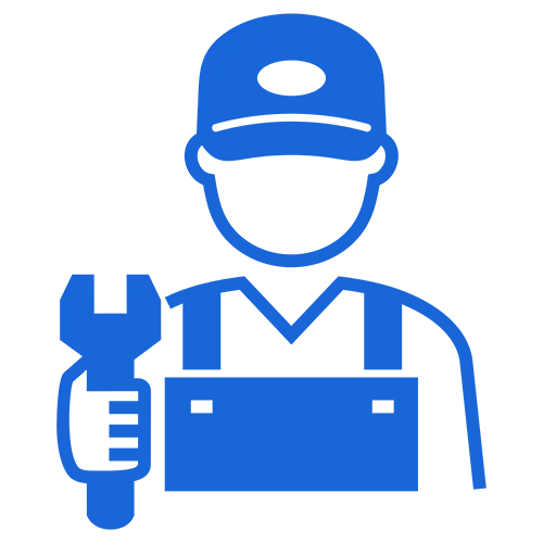 Blue icon of a person wearing a hard hat, representing professional installation.