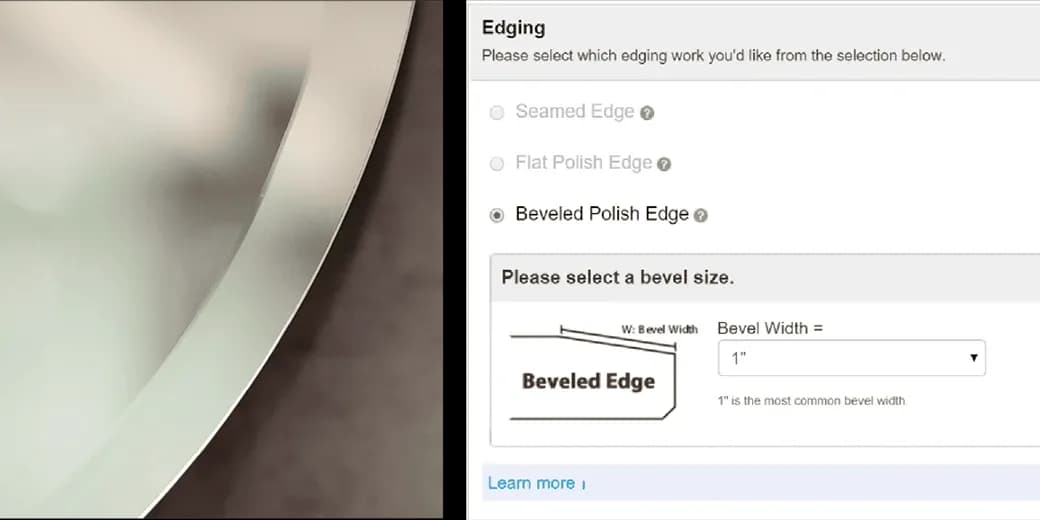 Beveled glass edge selection for custom glass applications, showcasing options for shower doors, table tops, and mirrors.