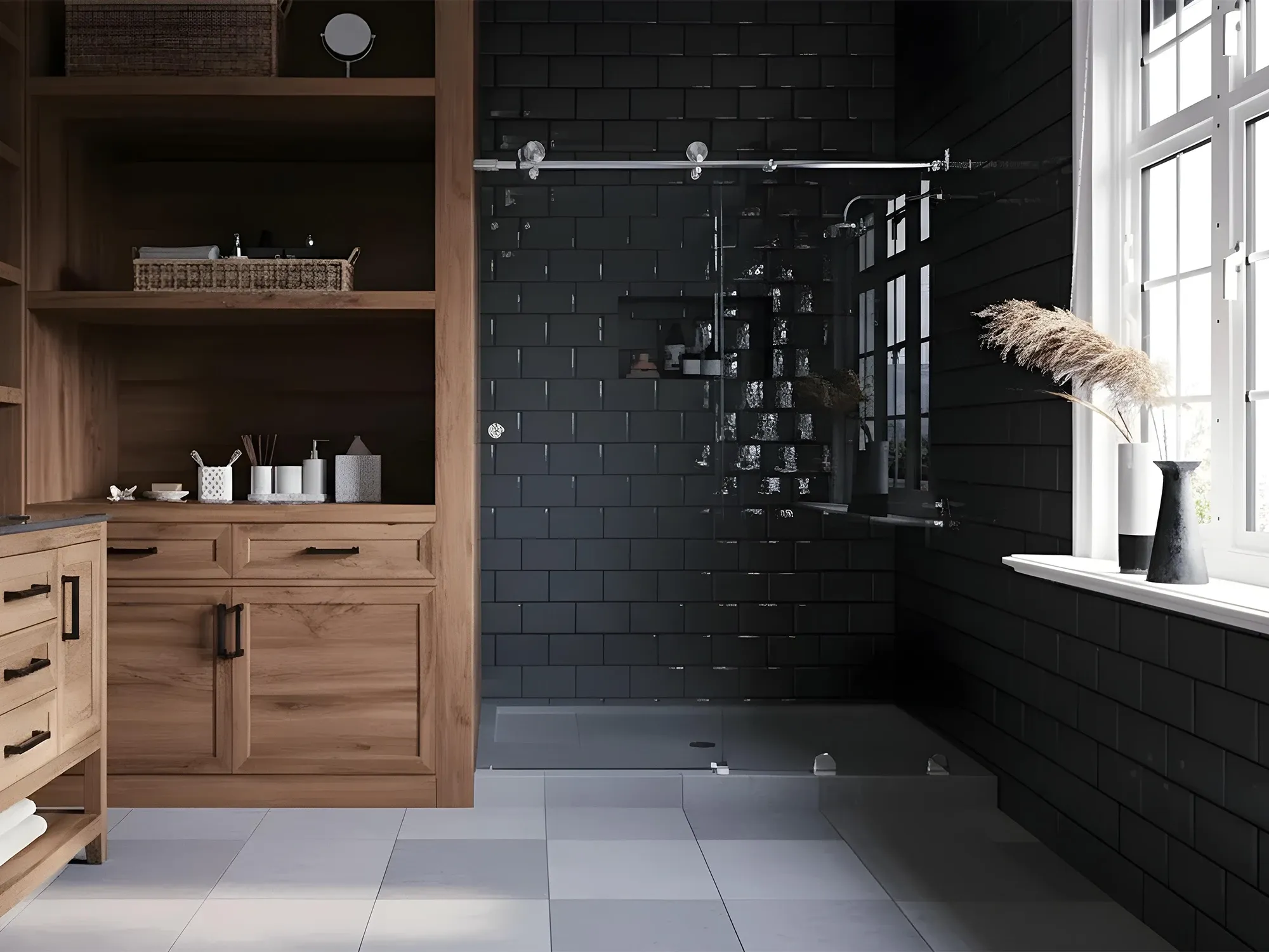 A stylish bathroom with black subway tiles