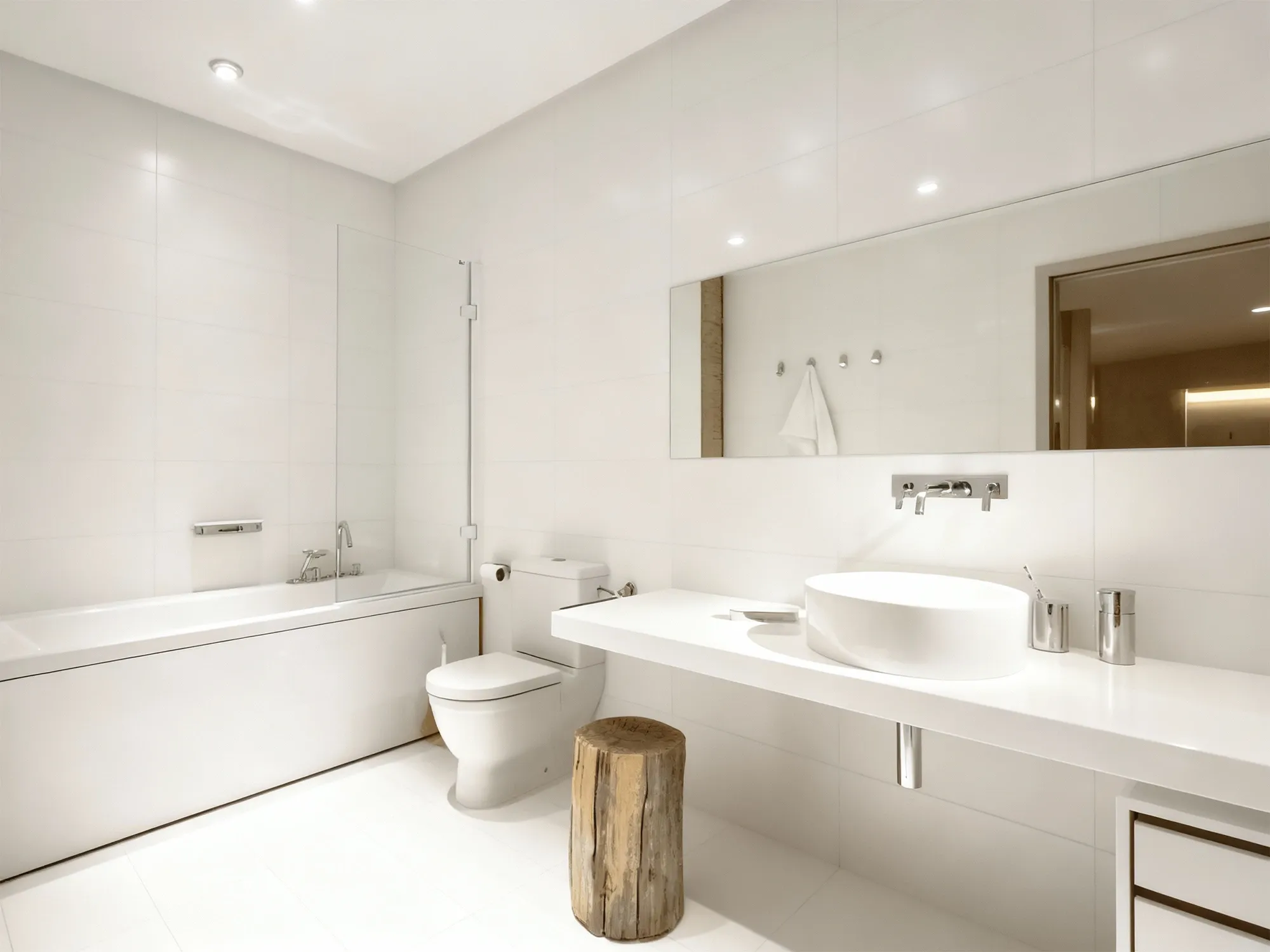 A minimalist all-white bathroom with a frameless glass tub panel, a floating vanity with a vessel sink, and a rustic wooden stool.