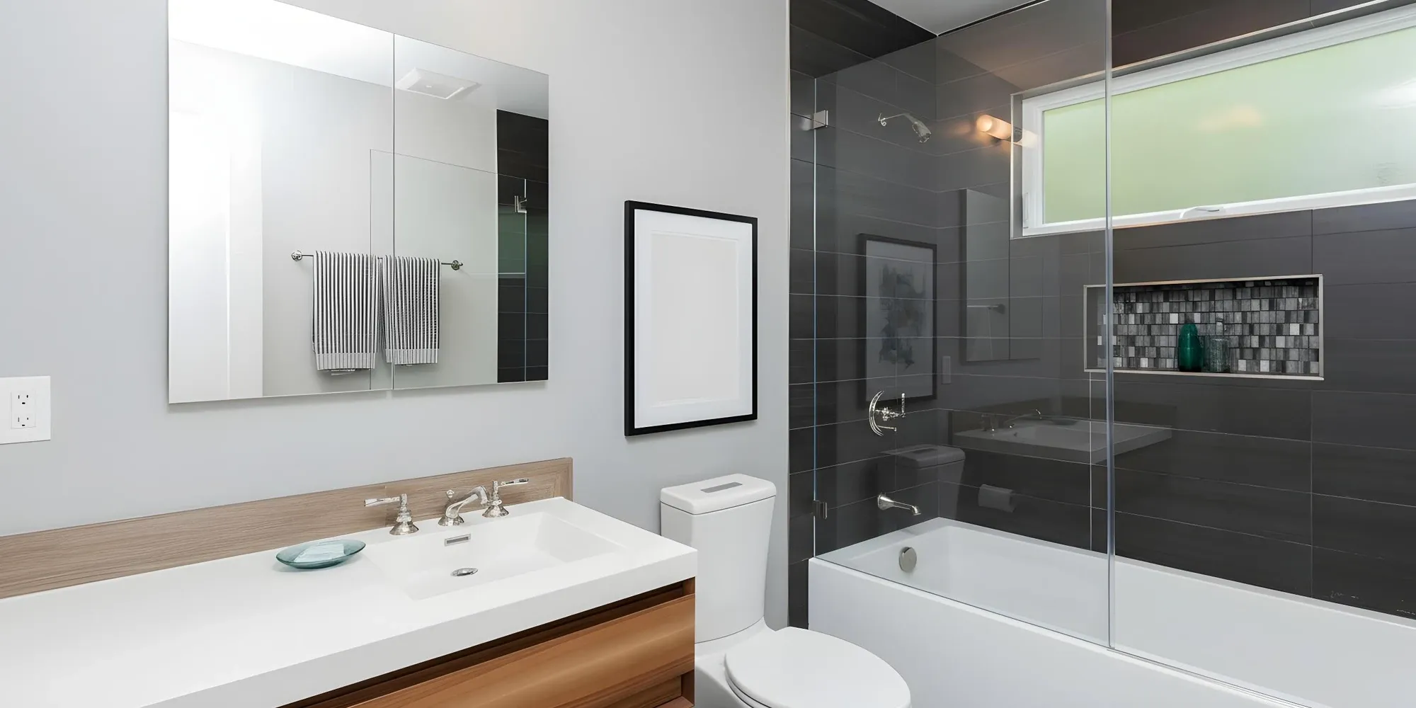 A contemporary bathroom featuring a tub-shower combination with a frameless glass panel, dark grey tiles, and a light wood vanity with a white countertop.