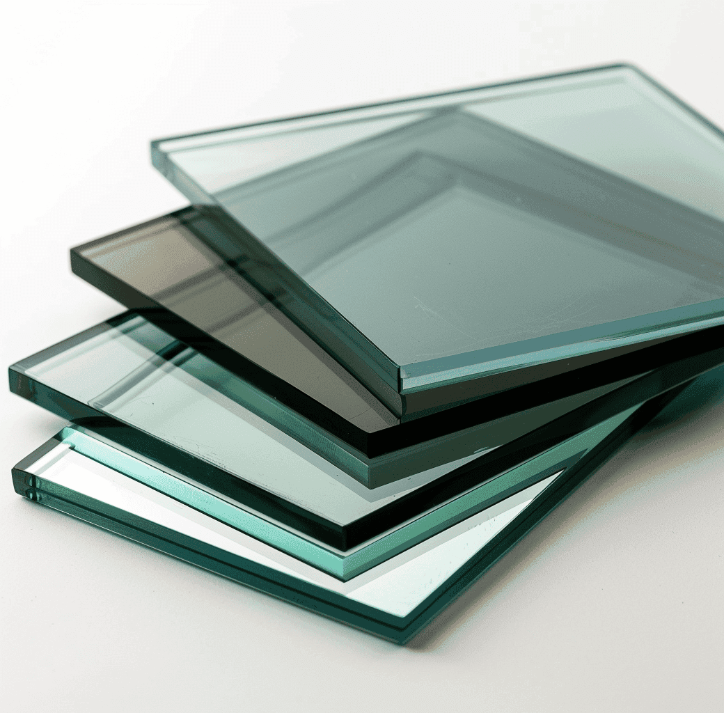 Stack of custom tempered glass sheets in varying shades, showcasing options for shower doors, table tops, and beveled glass edges.