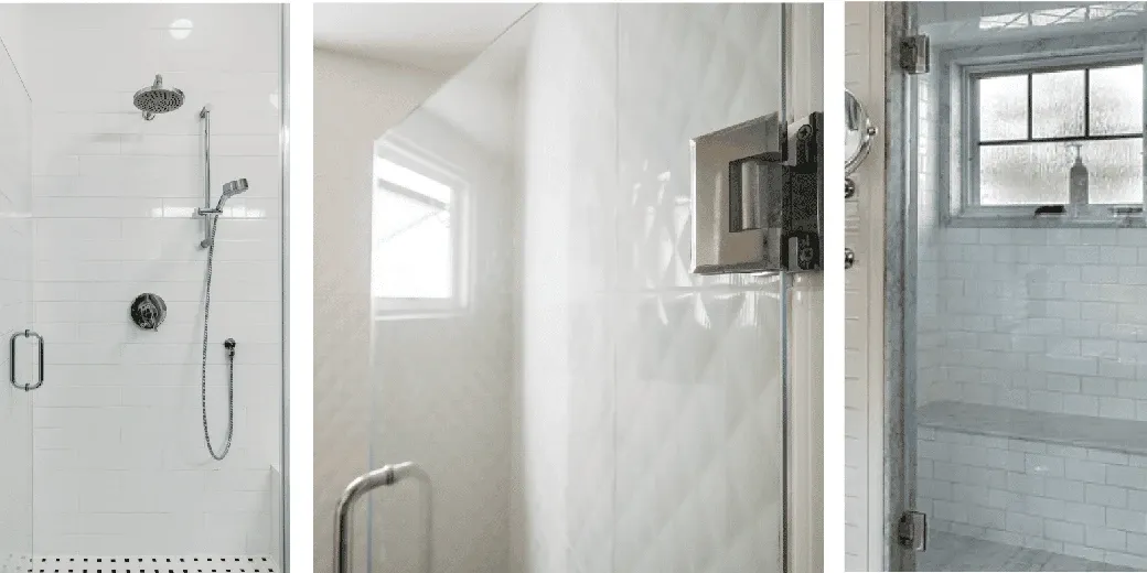 Modern shower doors featuring clear tempered glass, showcasing sleek design and functionality, ideal for custom glass solutions.