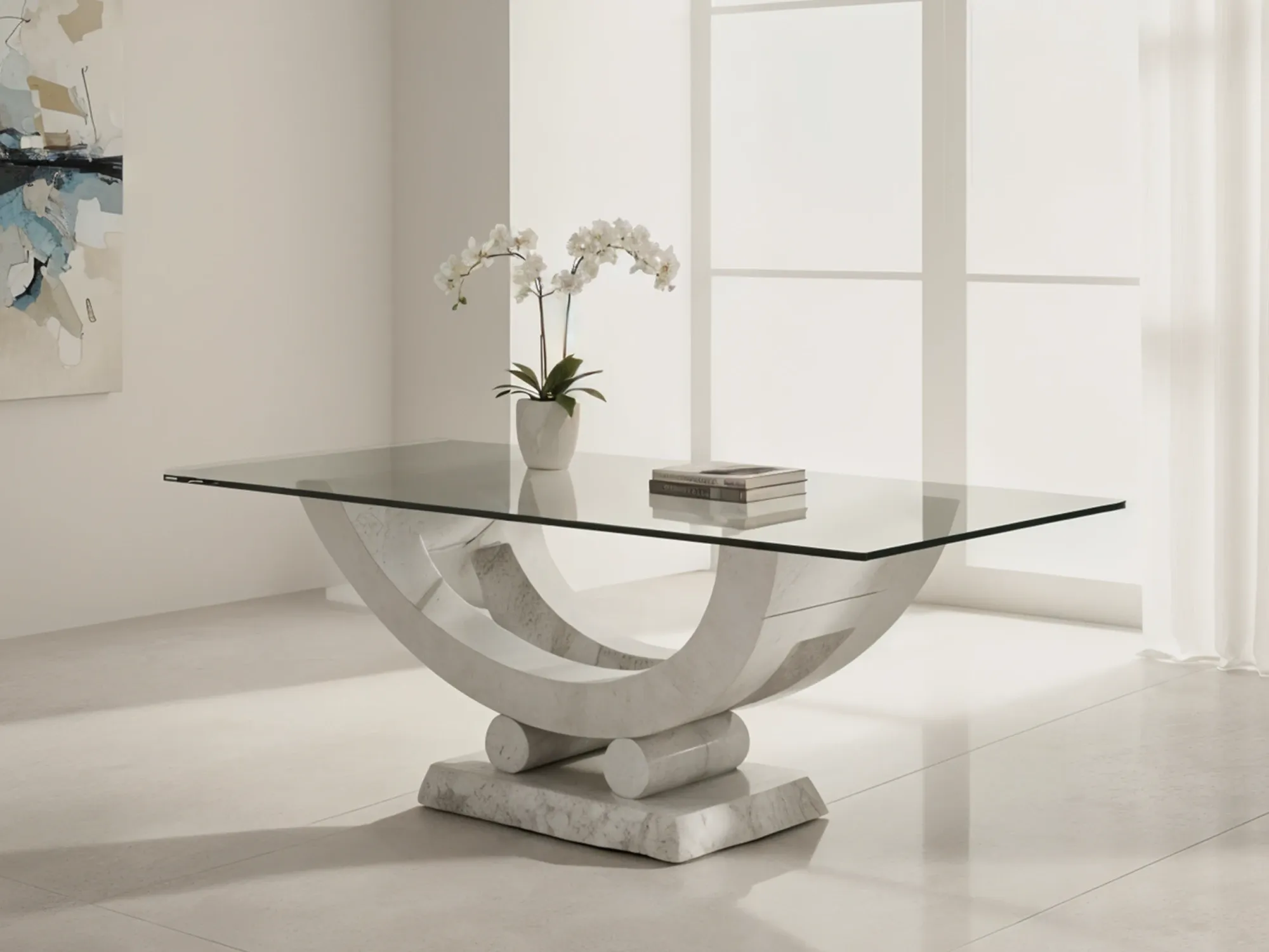 A modern dining table with a rectangular glass top on a sculptural, arched white marble base in a minimalist white room.