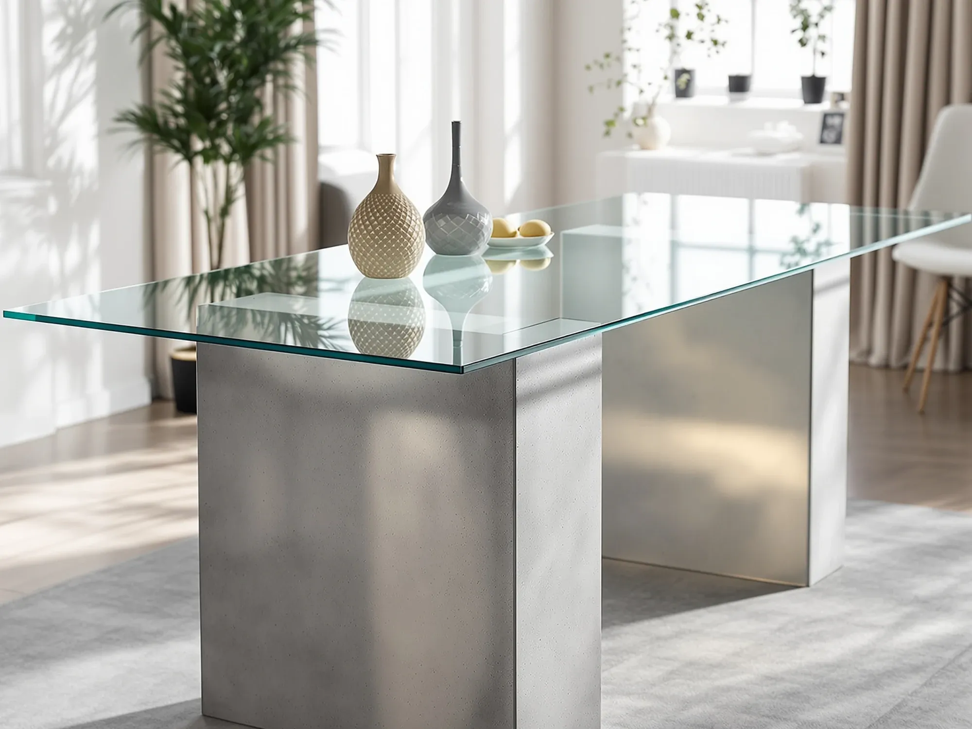 A minimalist dining table with a thick, clear glass top and two large, solid concrete block legs, set in a bright, modern room.