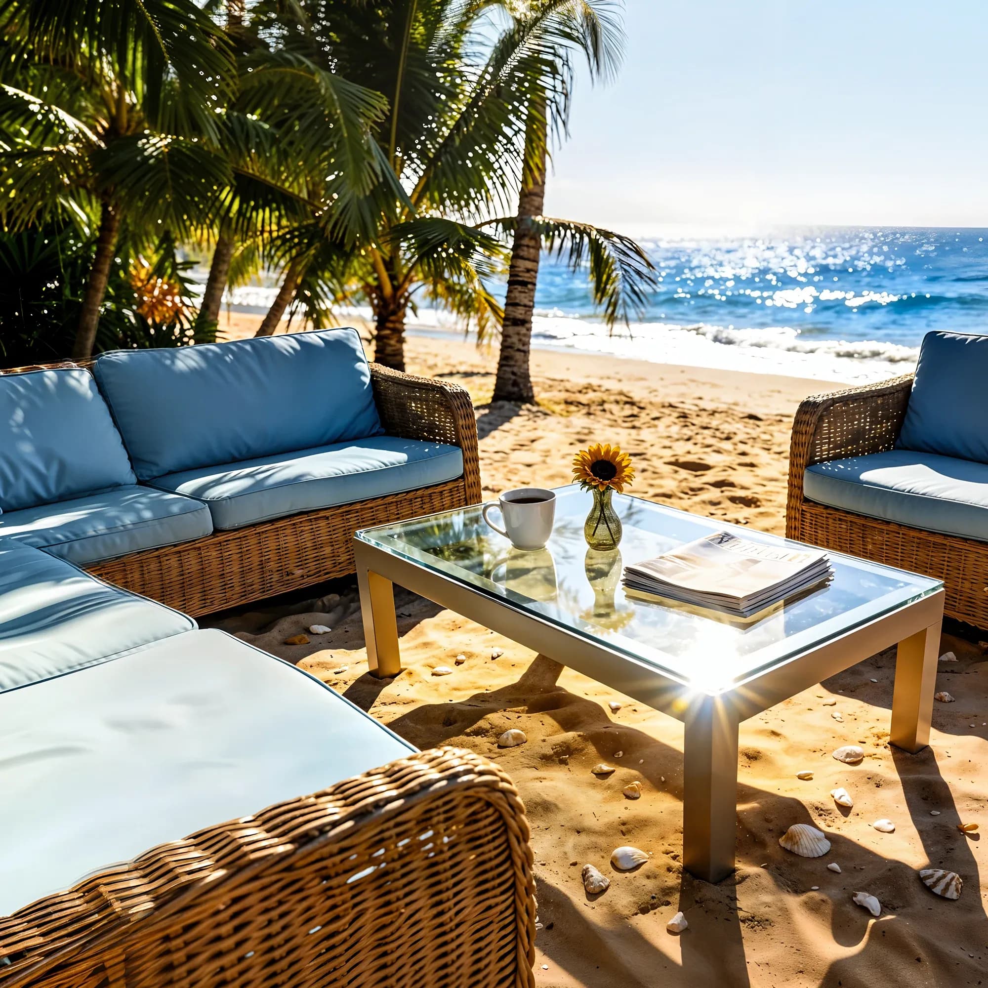 Wicker outdoor lounge furniture with light blue cushions on a tropical beach at sunset.