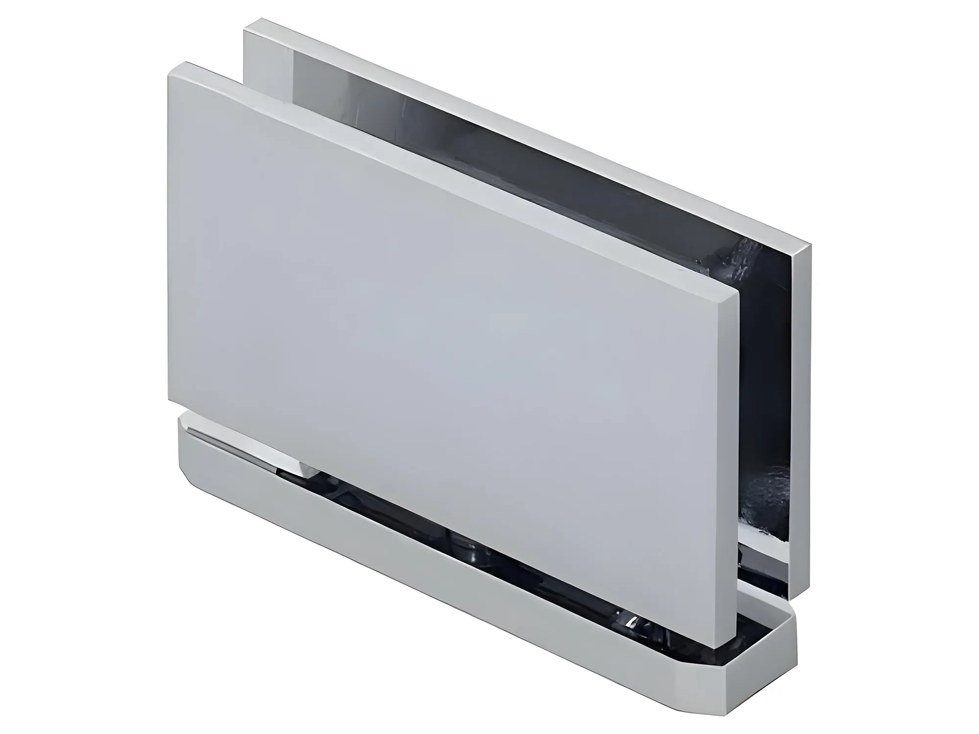 A close-up studio shot of a polished chrome bottom pivot hinge mechanism for a frameless glass shower door.