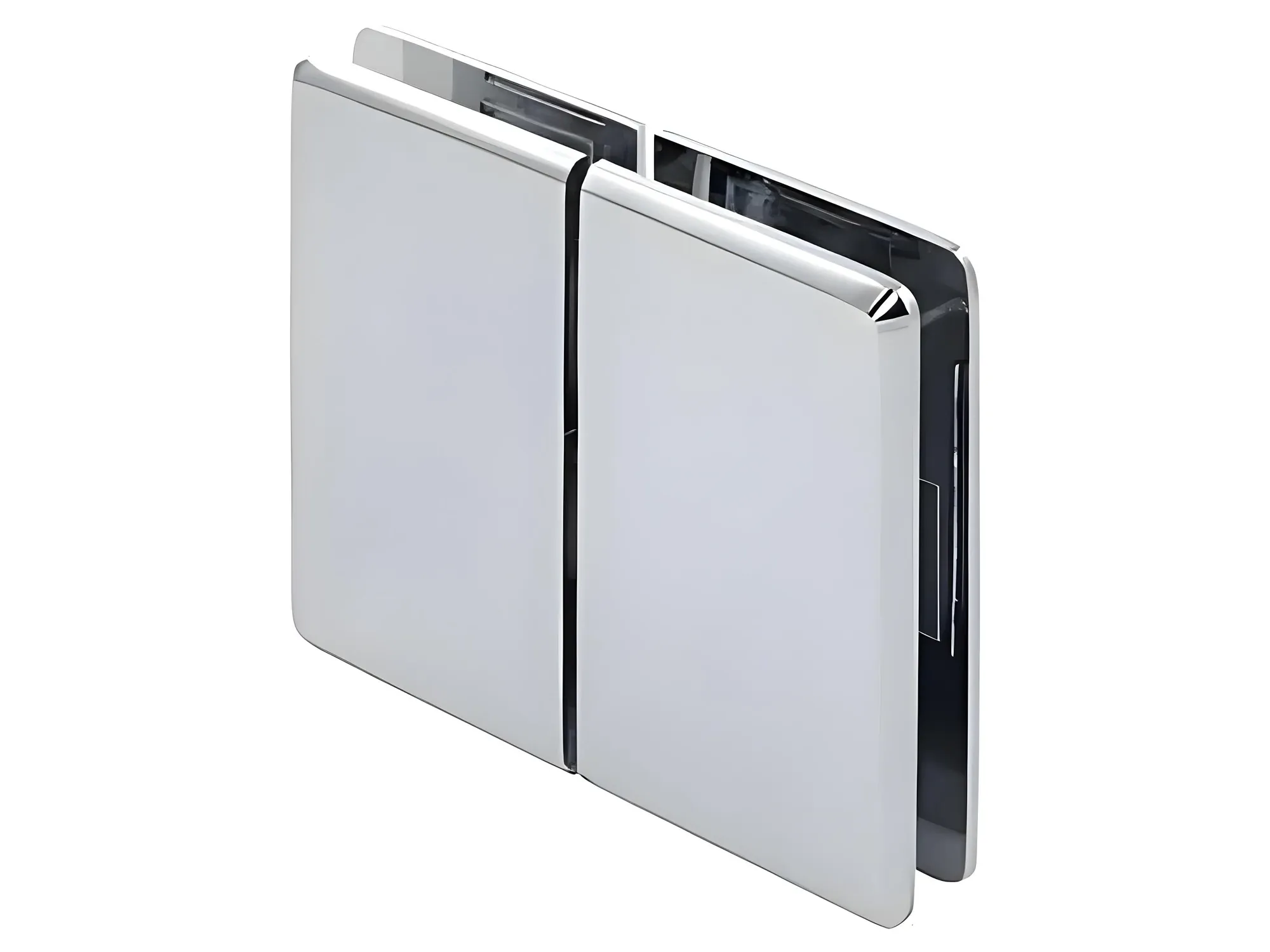 A close-up studio shot of a polished chrome 180-degree glass-to-glass hinge for an inline frameless shower panel.