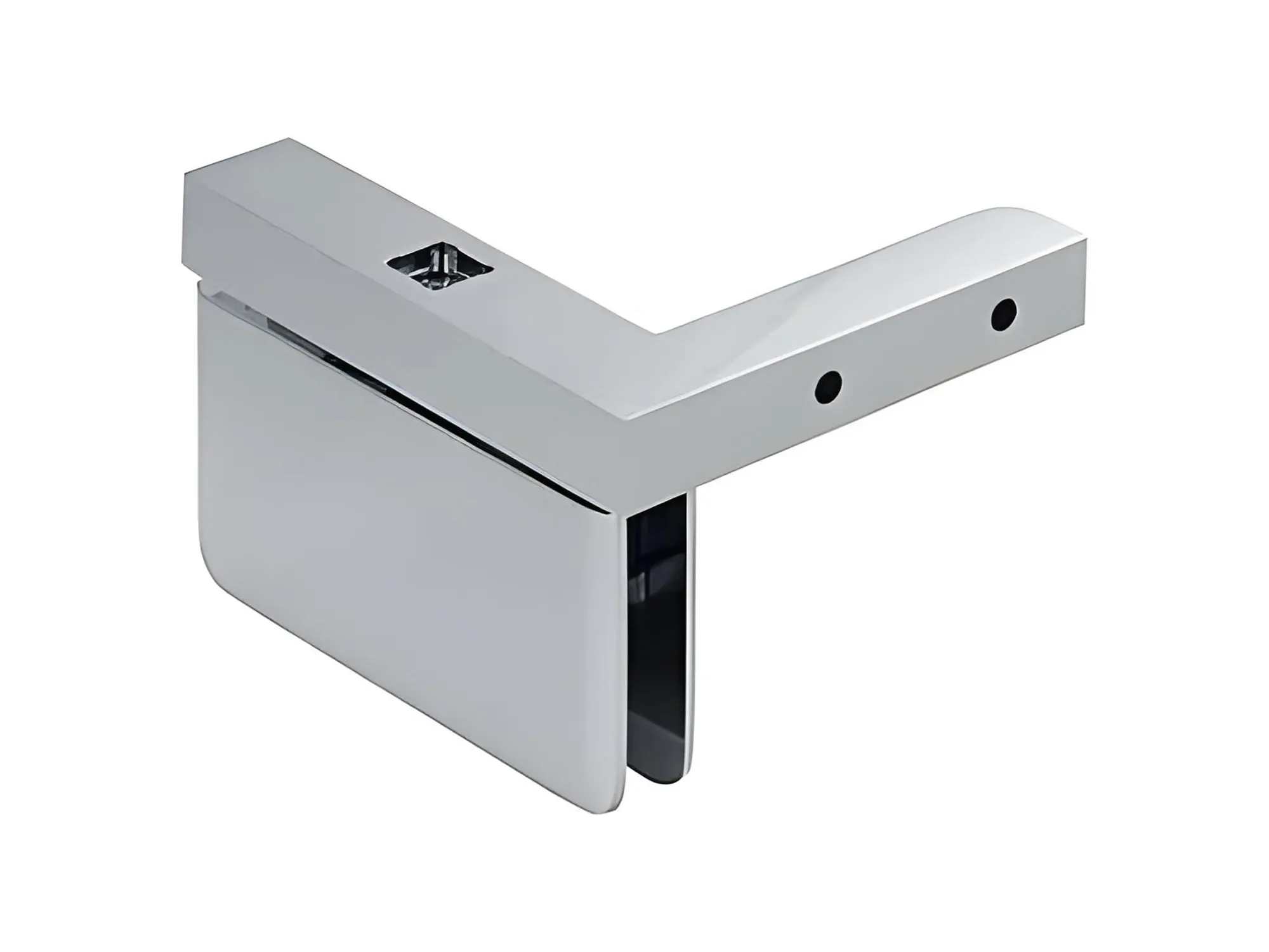 A close-up studio shot of a polished chrome top pivot hinge with an L-shaped arm for a frameless glass shower door.