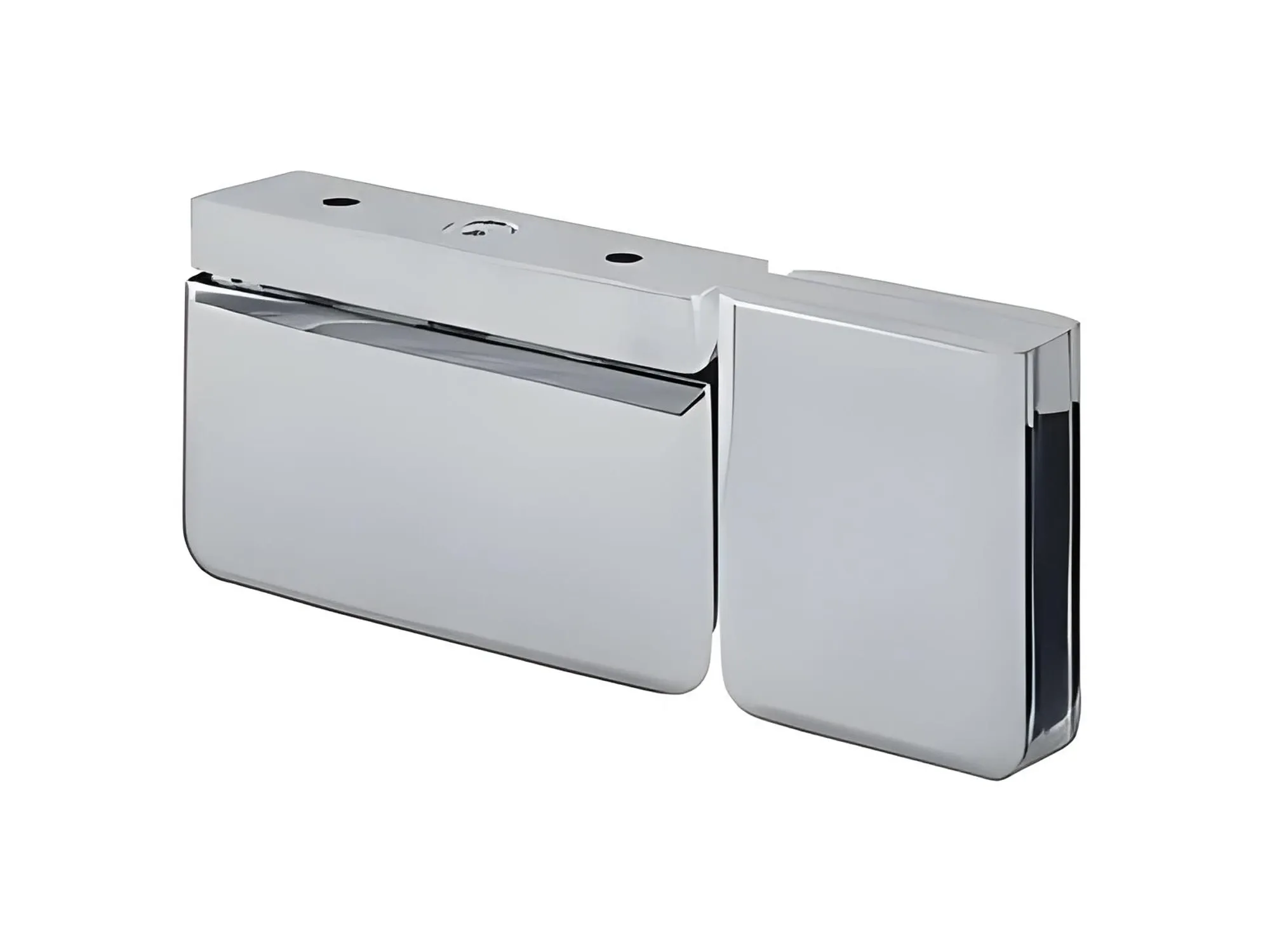 A close-up studio shot of a heavy-duty, side-mount wall hinge in polished chrome for a frameless shower door.