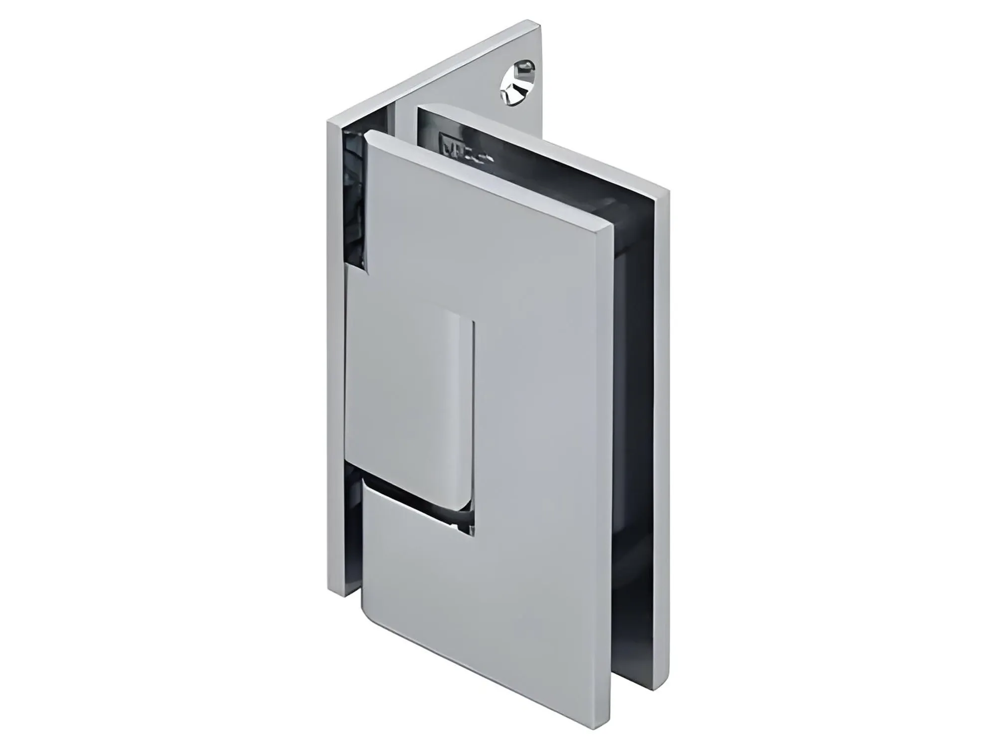 A close-up studio shot of a polished chrome top pivot hinge.