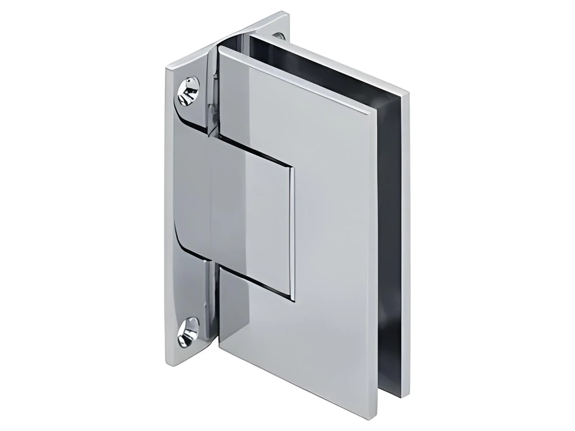 A close-up studio shot of a polished chrome, square side-mount wall hinge for a frameless glass shower door.