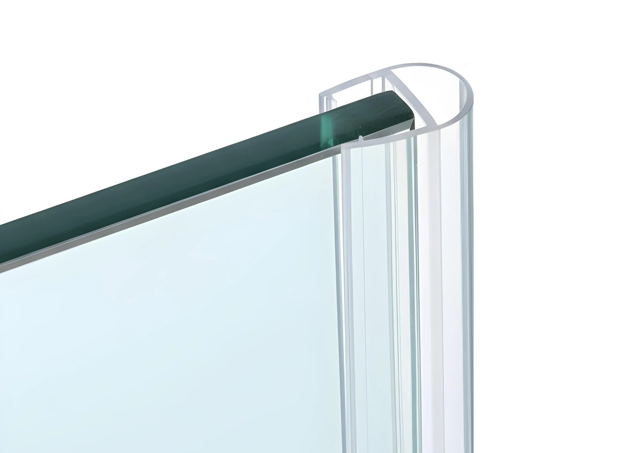 A close-up of the corner of a glass shower panel