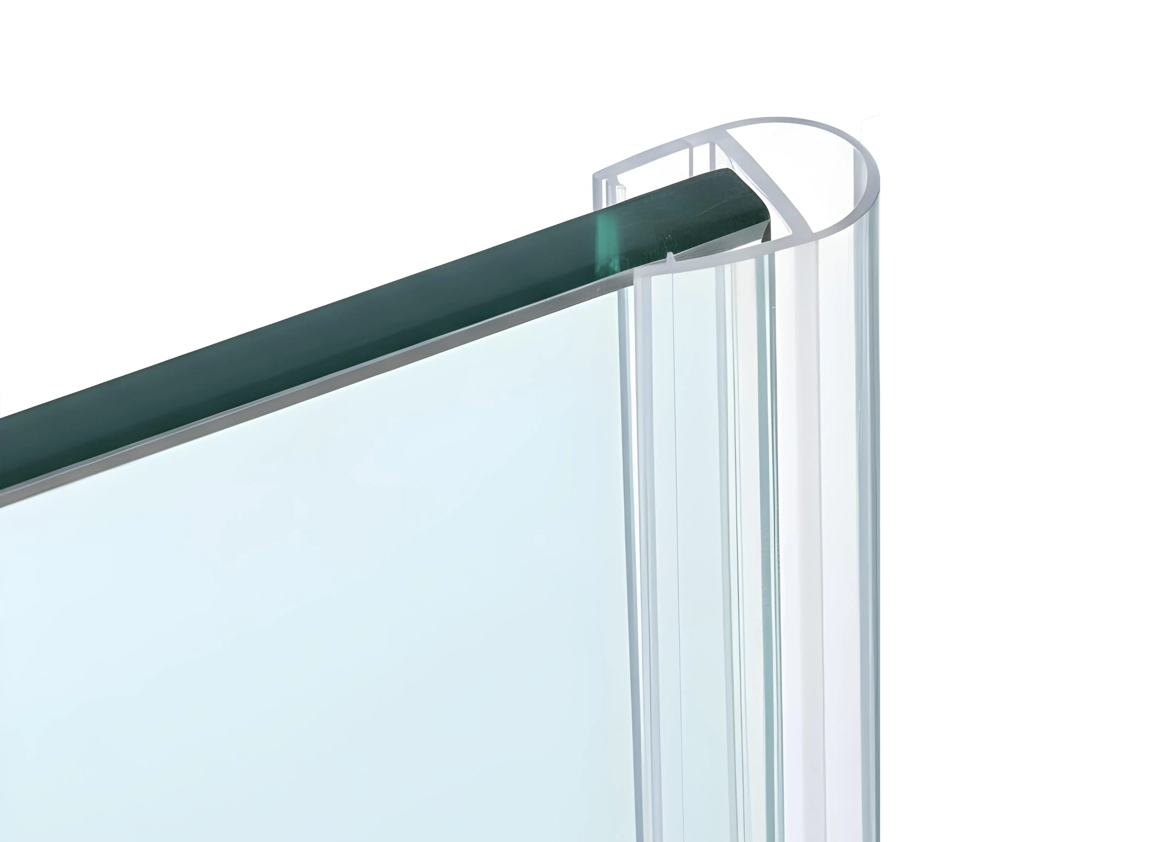 A close-up of the corner of a glass shower panel, showing a clear polycarbonate strike jamb seal fitted over the edge against a white background.
