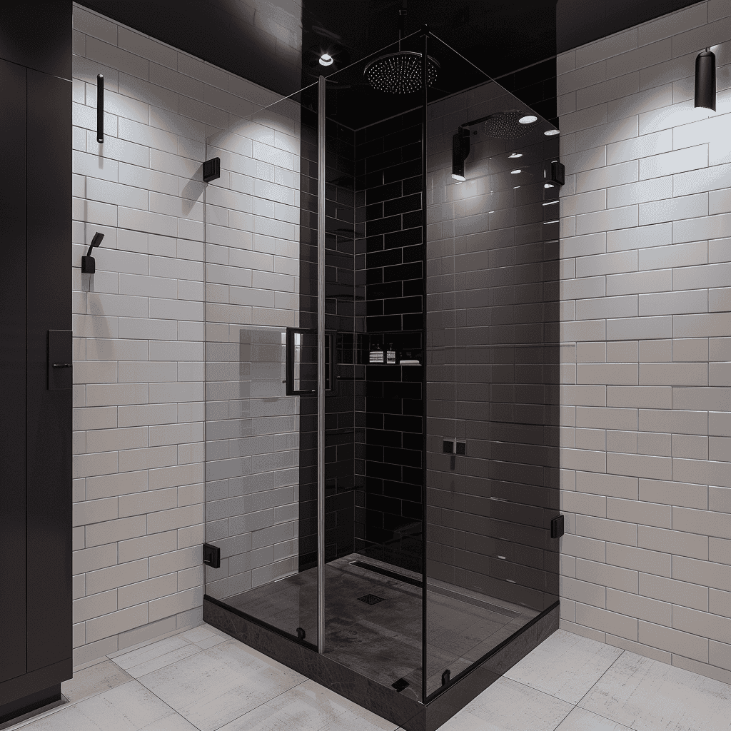 Modern shower enclosure featuring custom tempered glass doors, enhancing a sleek bathroom design with beveled glass edges and stylish hardware.