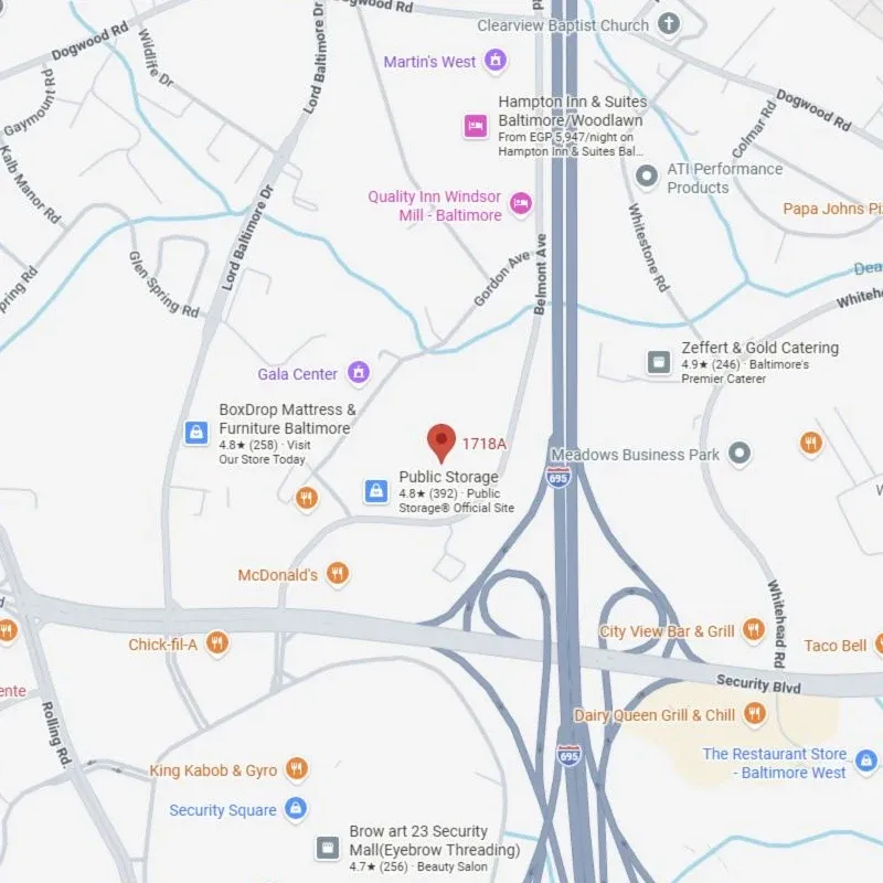 A map of Dulles Glass Baltimore MD branch location.