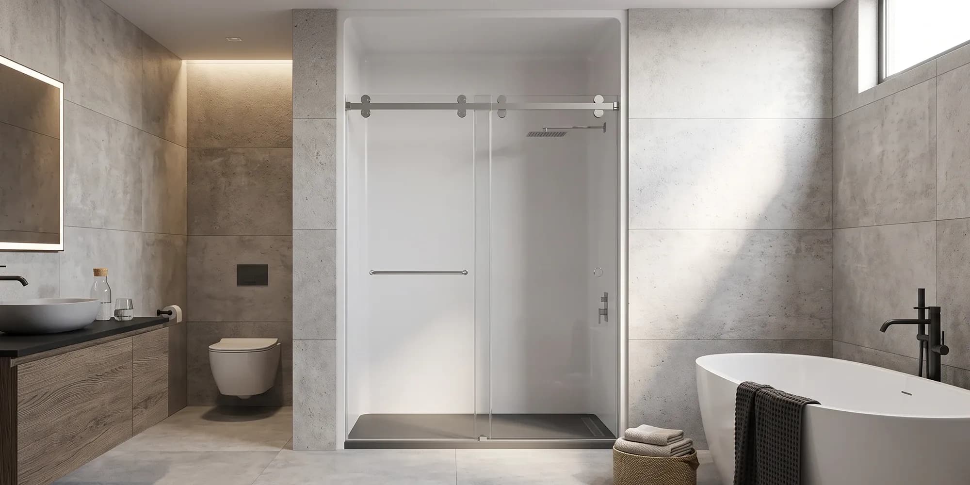 Frameless sliding glass shower door installed on a white acrylic shower surround