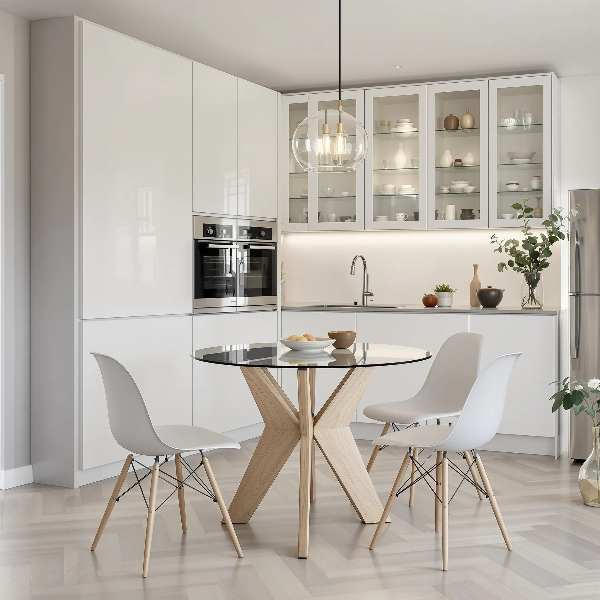 A bright Scandinavian-style kitchen with glossy white cabinets and glass display uppers, centered around a round glass-top dining table with a modern wood base.