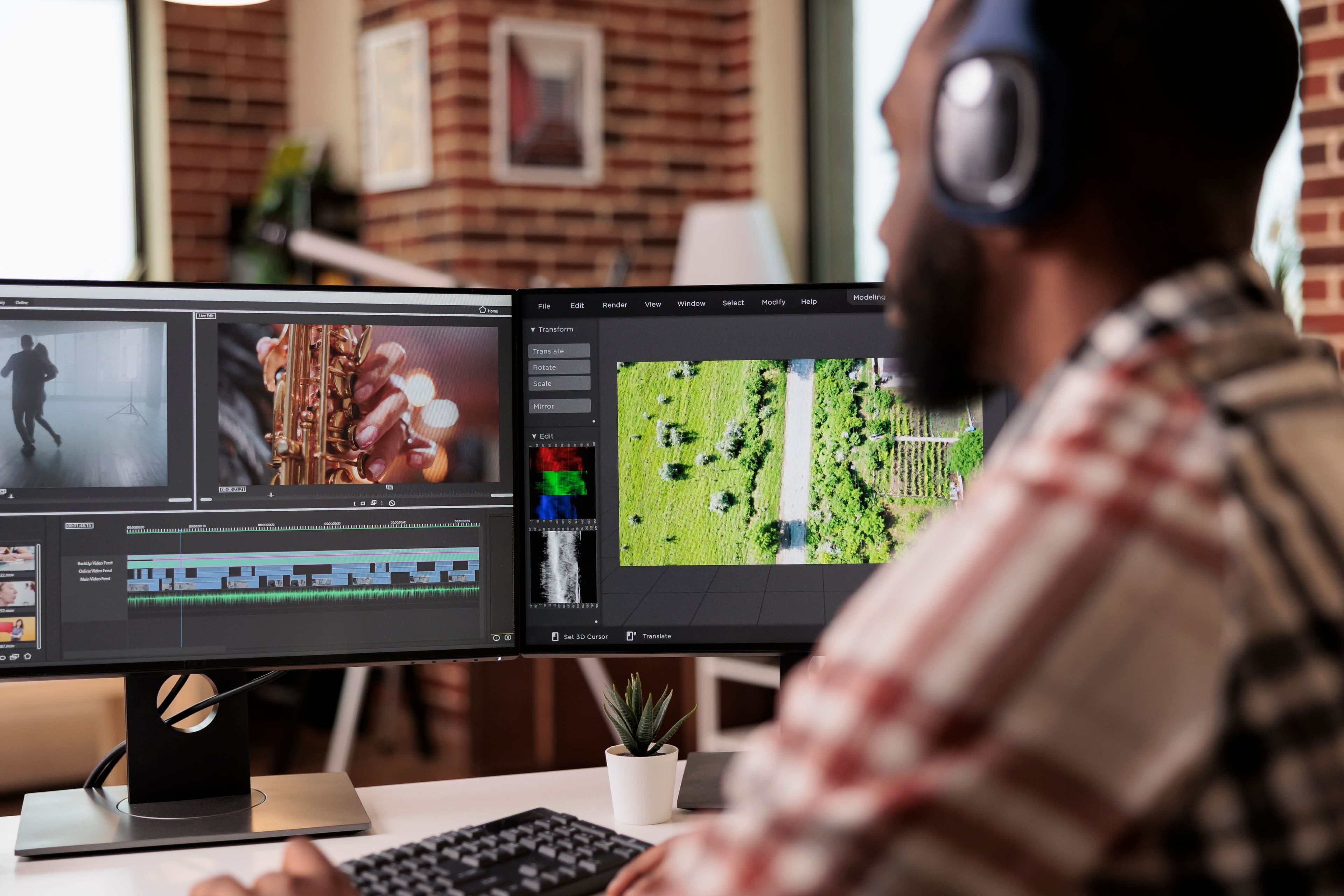 A person editing video on dual monitors in a creative workspace, showcasing custom glass projects like shower doors, table tops, mirrors, and tempered glass.
