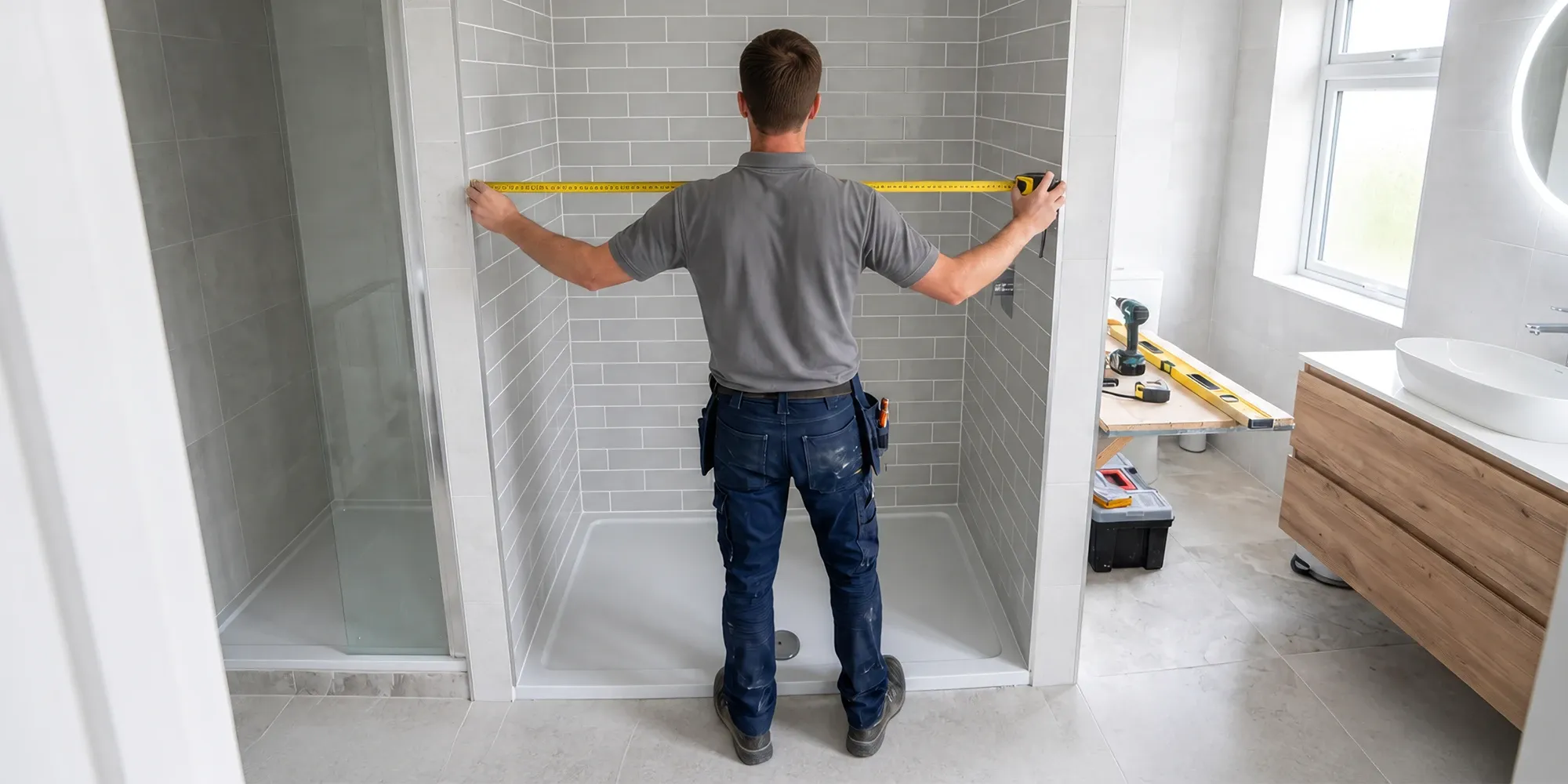 Installer measuring the width of a shower opening with a tape measure before ordering a sliding door
