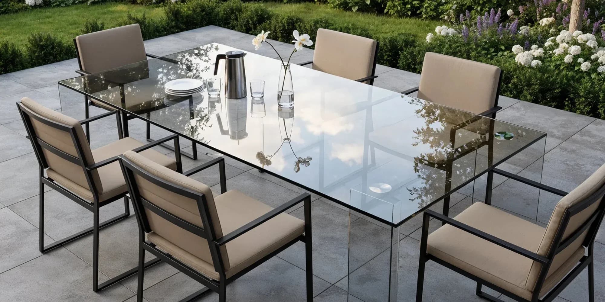 Clear rectangular glass table top on an outdoor dining table with six cushioned chairs