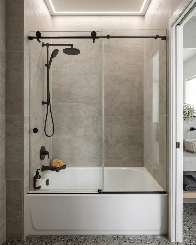 Sliding glass tub door with gray tile and matte black barn-style hardware over a bathtub